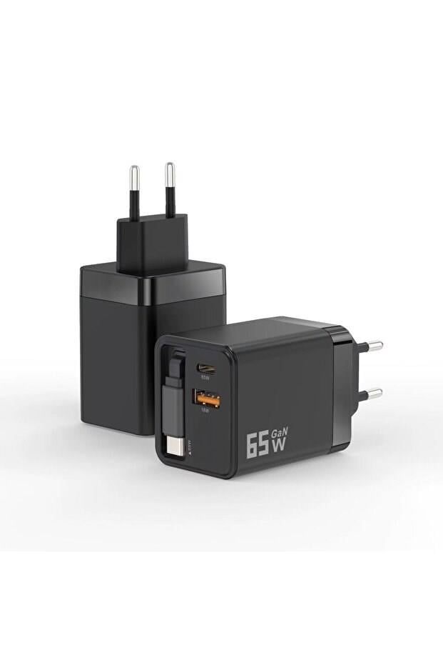 65W Süper Hızlı Şarj Cihazı | Dahili Type-C Kablo | USB-C & USB-A Çıkış | Çoklu Cihaz Desteği