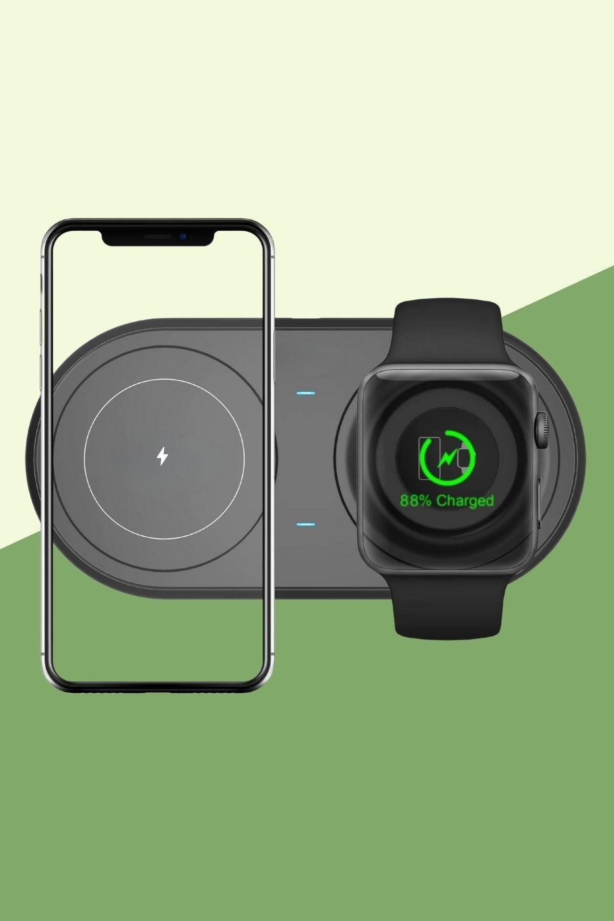 BUFFER® 2si 1arada Kablosuz Saat,Kulaklık ve Telefon Hızlı Şarj Etme Aparatı