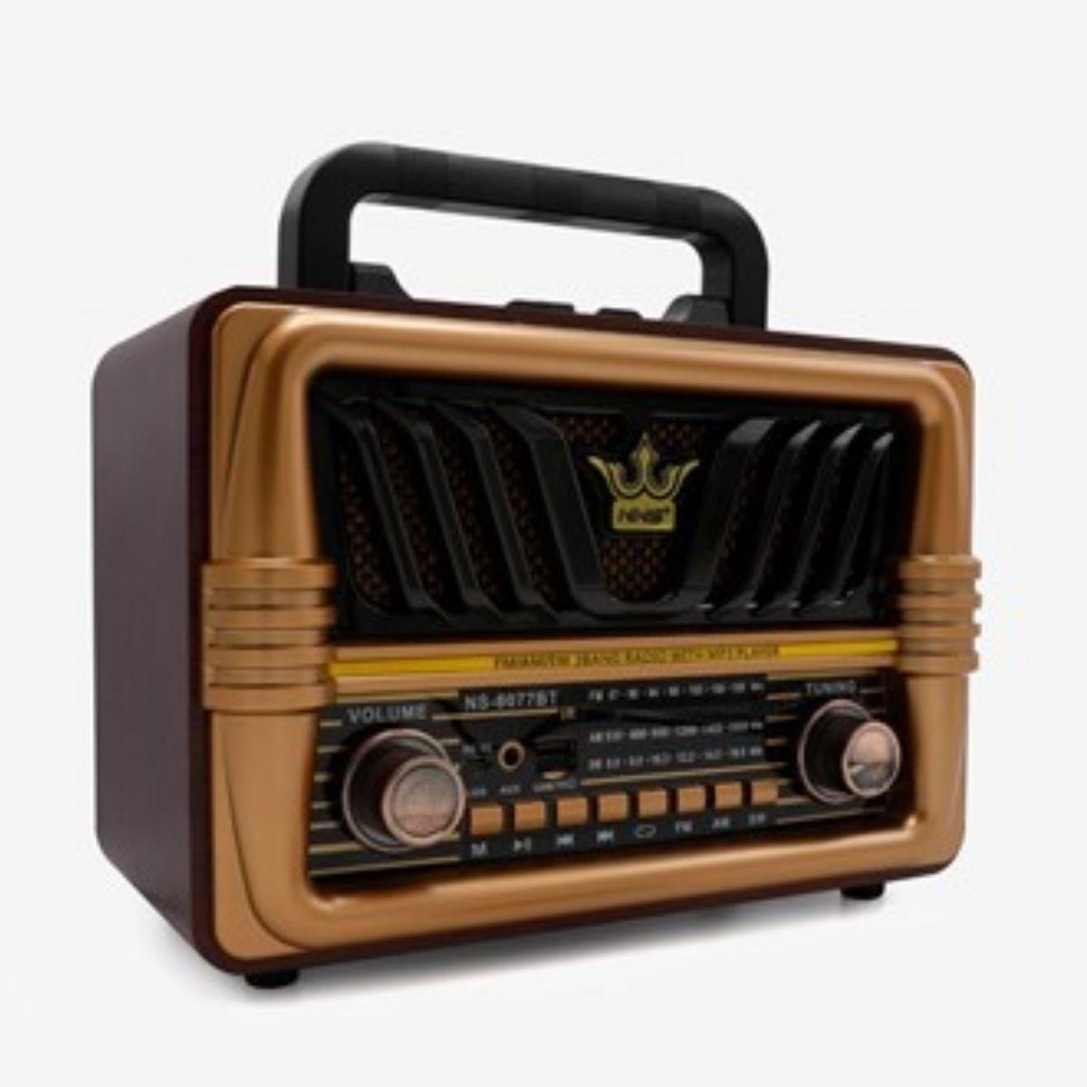 BUFFER® Büyük Boy Telefon Tutma Saplı Retro Ahşap Tasarım Bluetooth Hoparlörlü Radyo – FM/AM Destekli, Şarjlı ve Taşınabilir Radyo NS-8077
