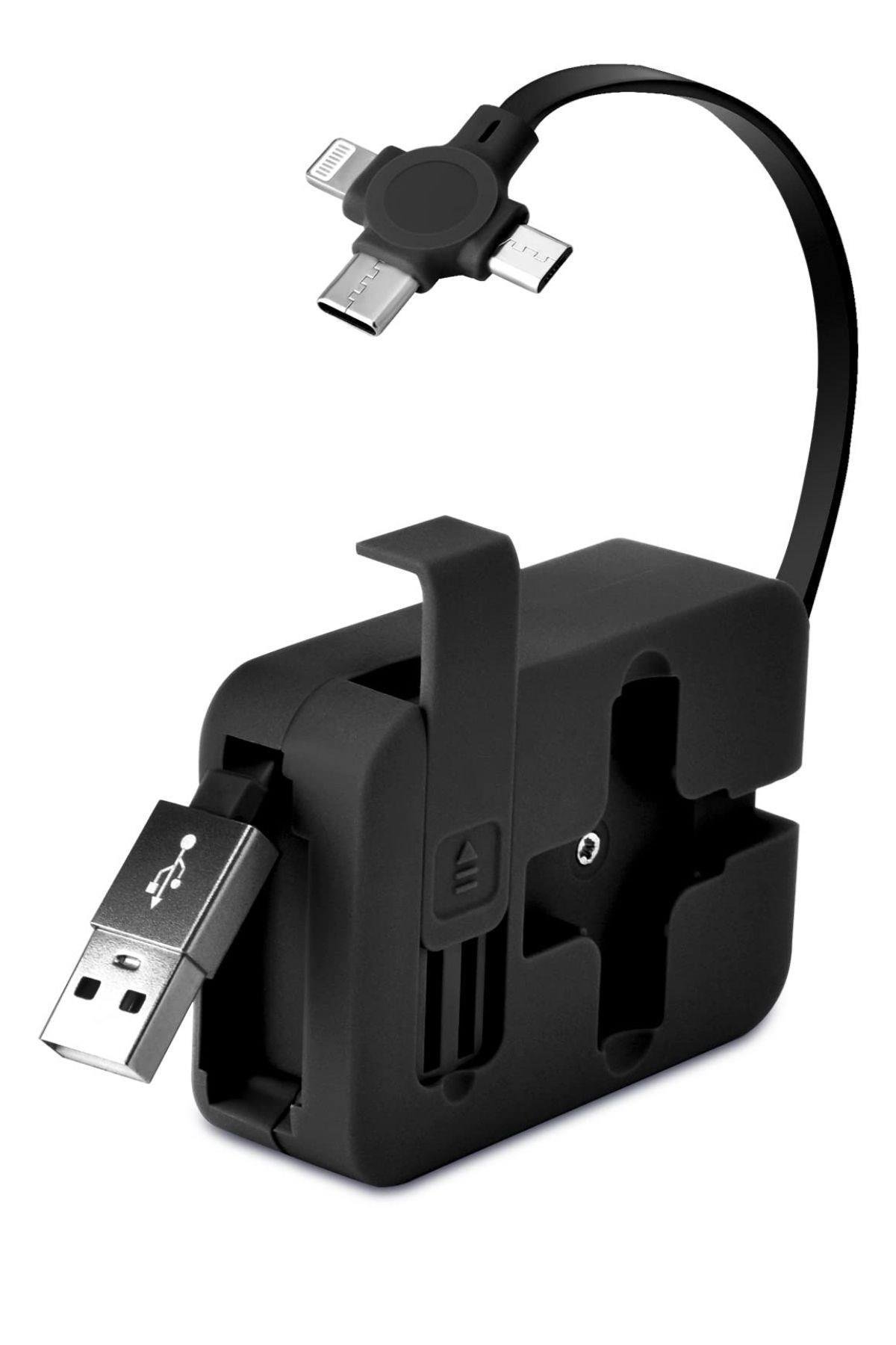 BUFFER® Cep Tipi Telefon Tutuculu Makaralı Uzayıp Kısalabilen 3'ü 1 Arada USB Şarj Kablosu