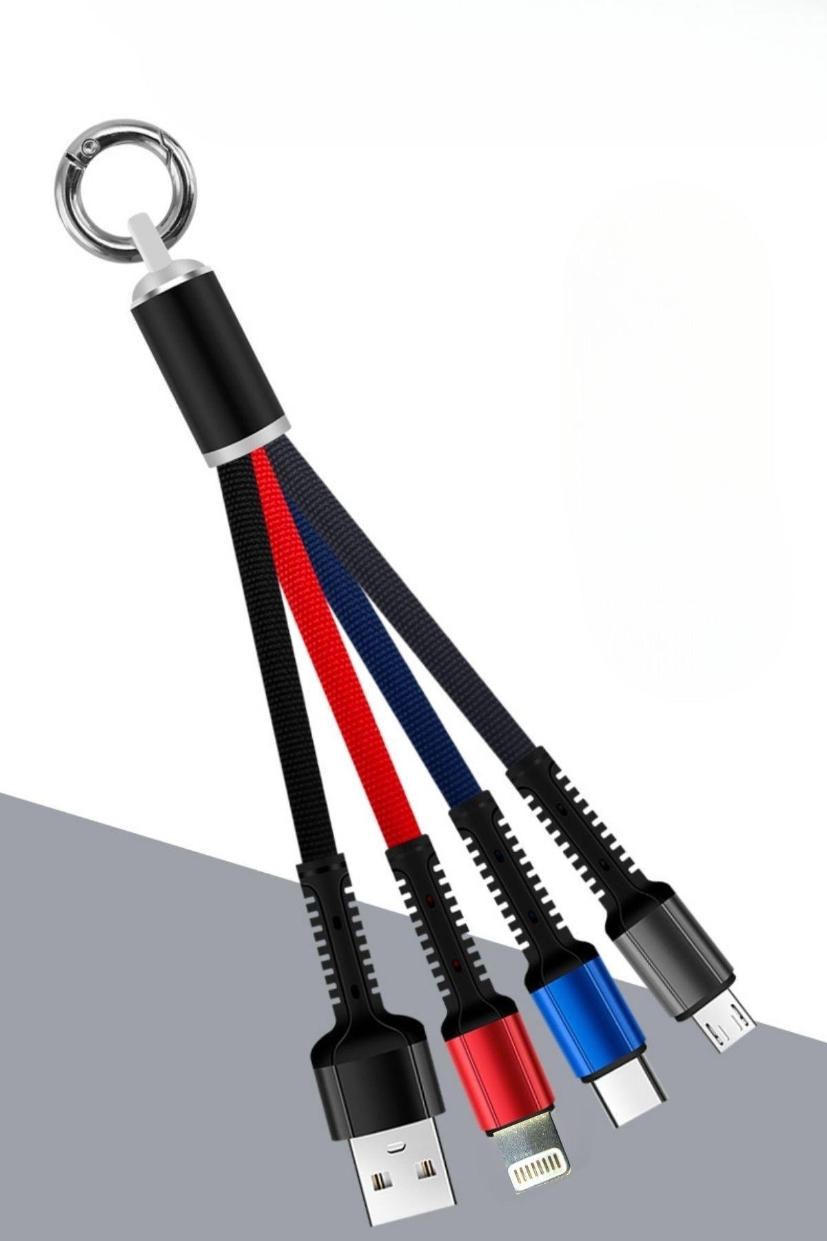 BUFFER® Işıklı Anahtarlık Model 3 in 1 USB Çıkışlı MİKRO,TYPE-C ve İphone Uyumlu Şarj Kablosu