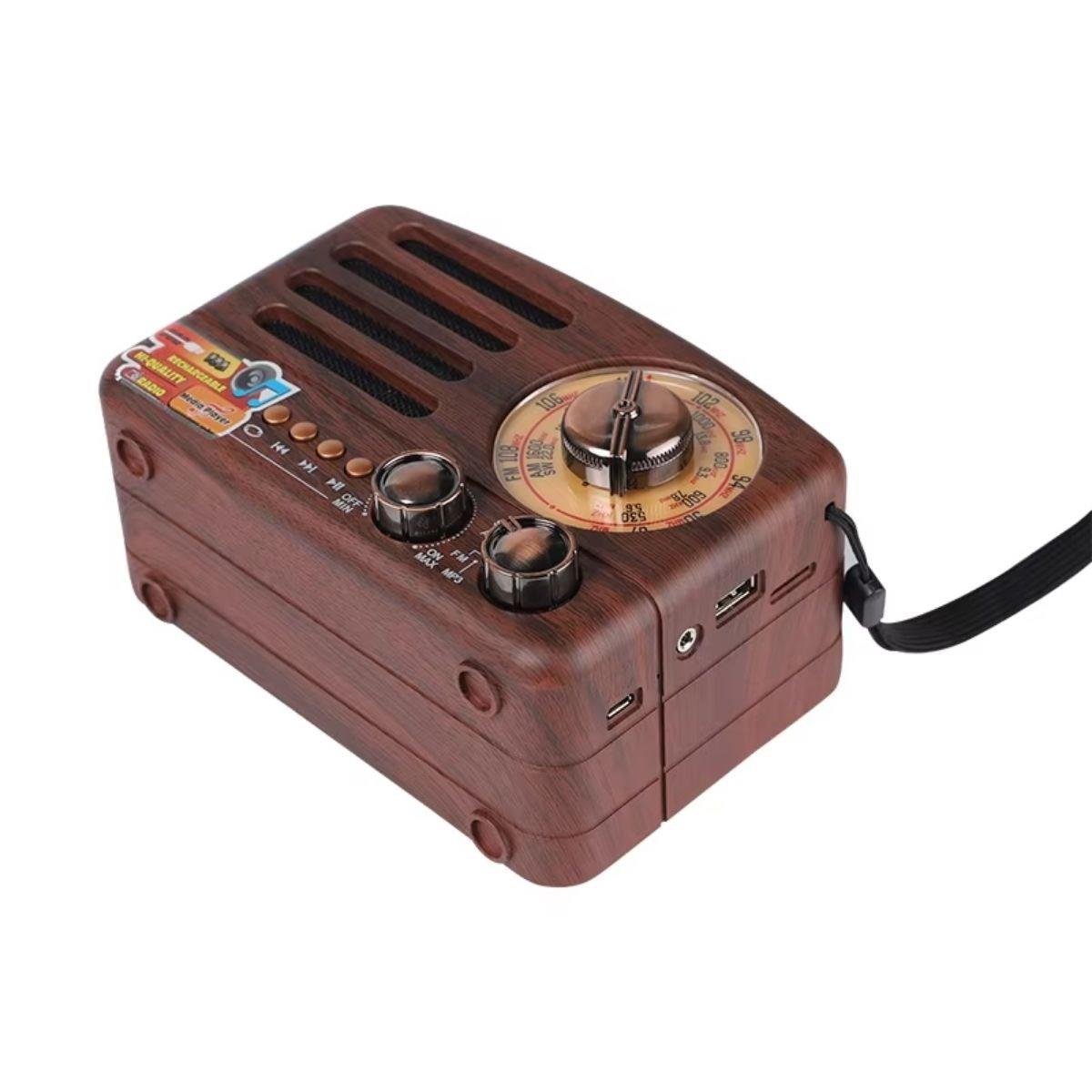 BUFFER® Küçük Boy Retro, Nostaljik, Ahşap Tasarım Bluetooth Hoparlörlü, Şarjlı, Taşınabilir Büyük Döndürülebilen Düğmeli FM/AM Destekli Radyo NS3380