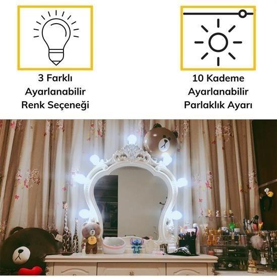 BUFFER® Nostalji Hollywood Tarzı 10lu Makyaj Masası Aynası Beyaz Led Işıklı Lamba USB