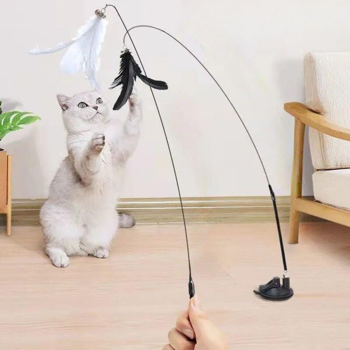 BUFFER® Vantuzlu Tüylü Zilli Olta Kedi Oyuncağı 2 Oltalı