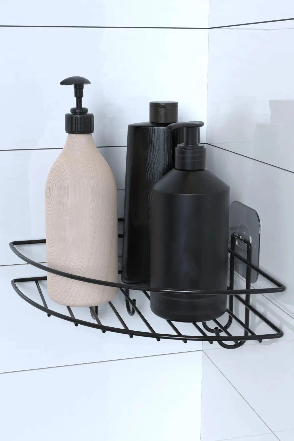 BUFFER® Yapışkanlı Banyo Köşeliği Kancalı Köşe Rafı Duş Şampuanlık Duvar Düzenleyici Organizer Raf