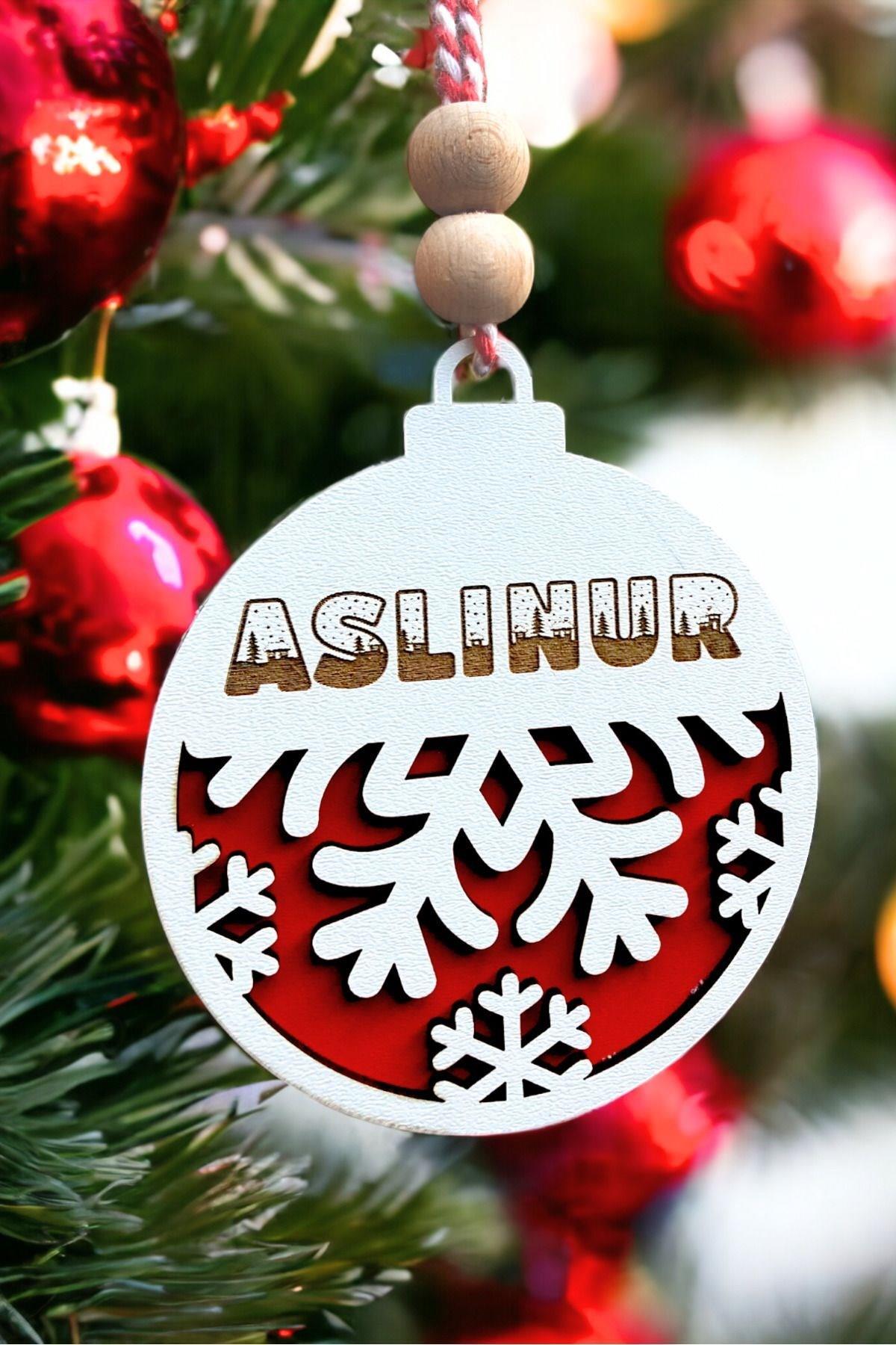 Kişiselleştirilebilir İsim Yazılabilir Kar Tanesi Desenli Kırmızı Beyaz Yılbaşı Ağaç Süsü, Noel Süsü