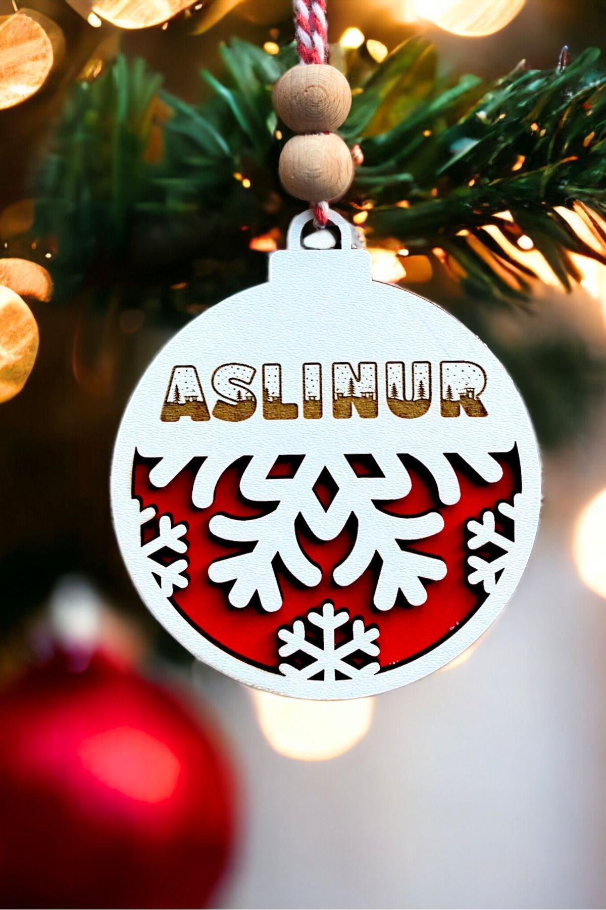 Kişiselleştirilebilir İsim Yazılabilir Kar Tanesi Desenli Kırmızı Beyaz Yılbaşı Ağaç Süsü, Noel Süsü