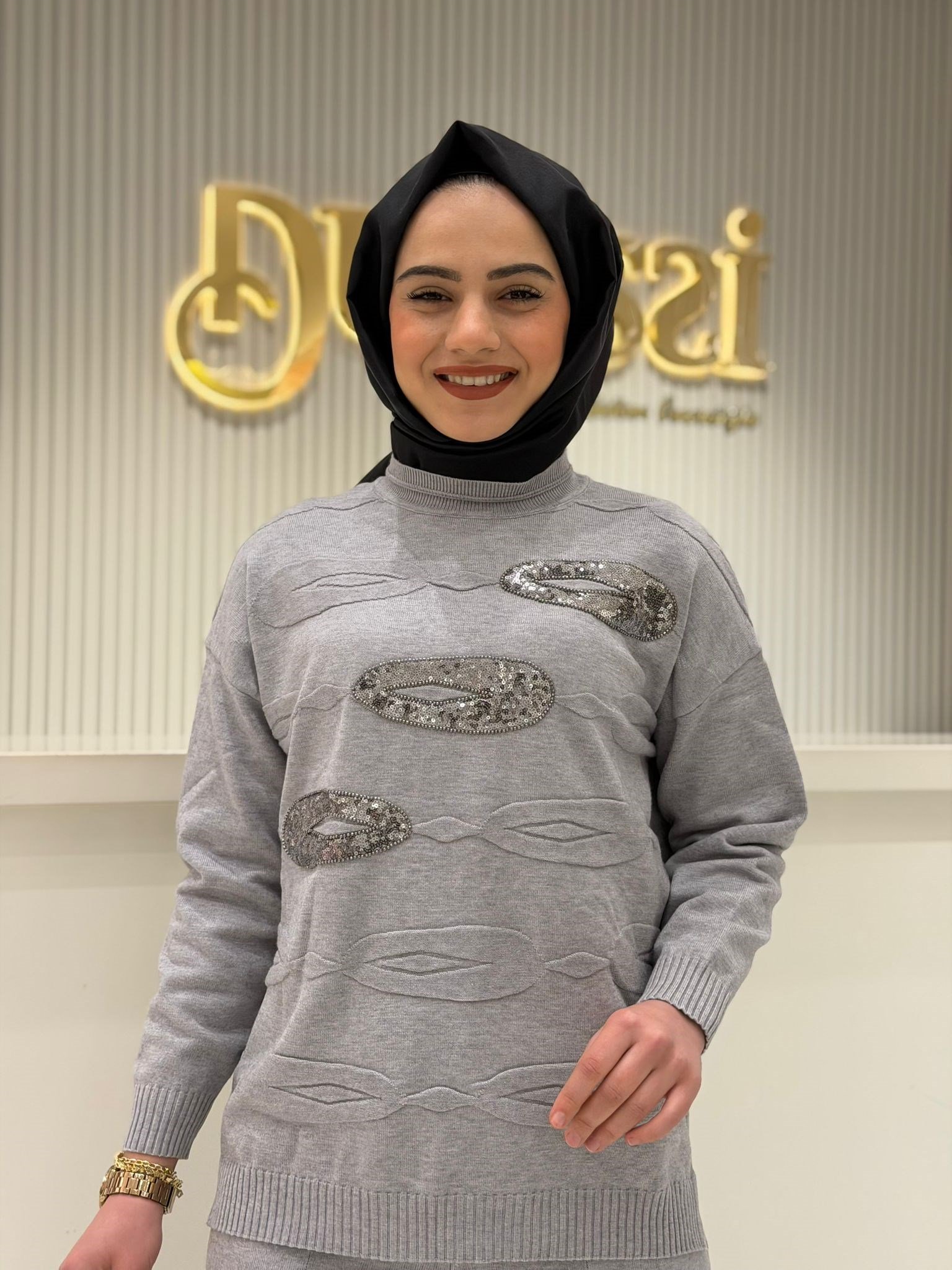 Tkm.21750.1 Önü Payet Detaylı Pantolonlu Triko Takım