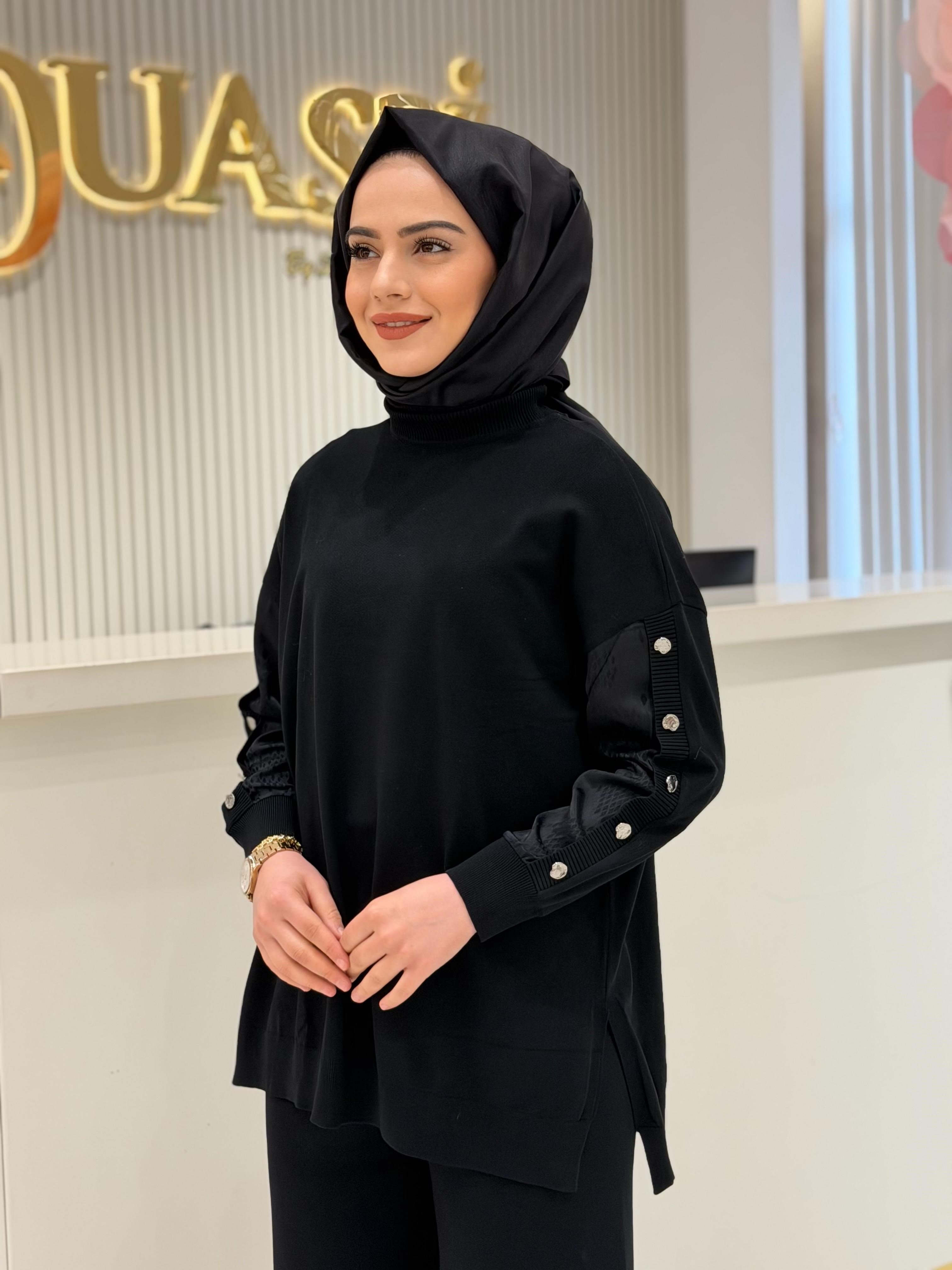 Tkm.21981.1 Kolları Kumaş Garnili Düğme Detaylı Tunik Pantolon Takım