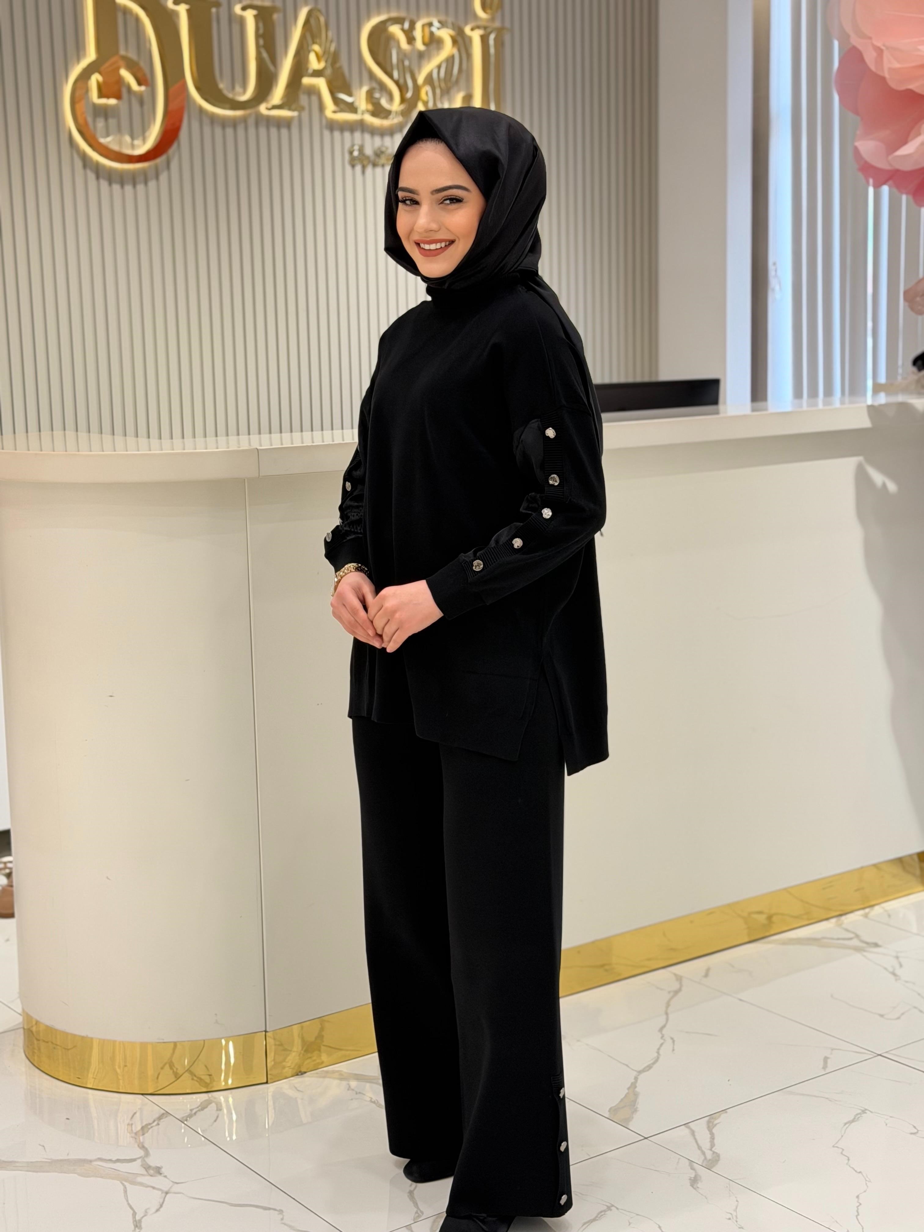 Tkm.21981.1 Kolları Kumaş Garnili Düğme Detaylı Tunik Pantolon Takım