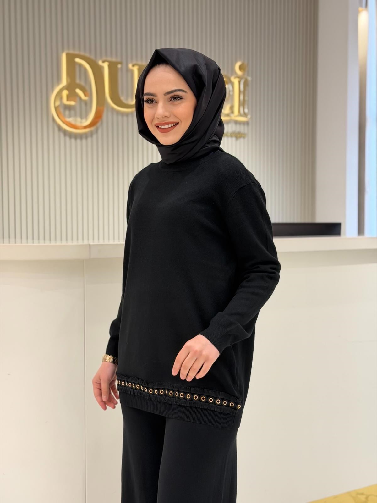 Tkm.22011.1 Kuş Gözü Aksesuarlı Pantolonlu Triko Takım