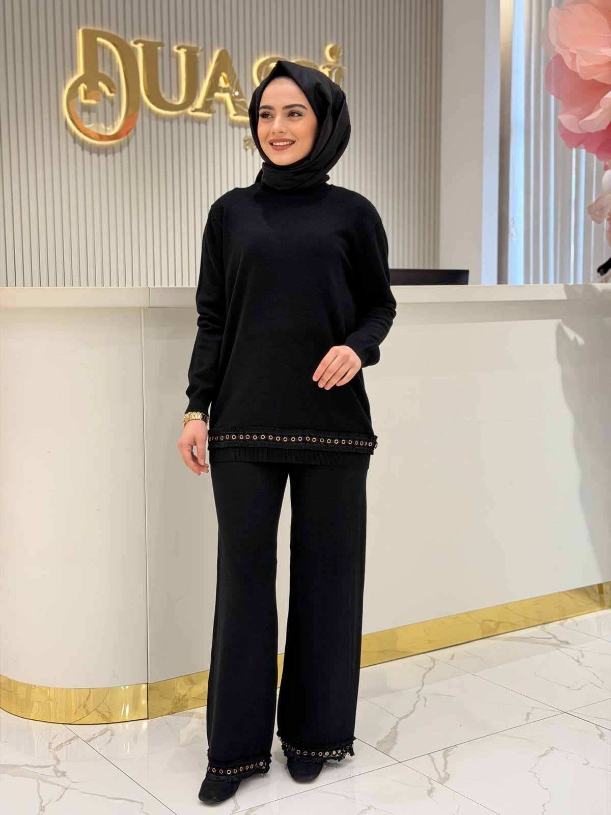 Tkm.22011.1 Kuş Gözü Aksesuarlı Pantolonlu Triko Takım