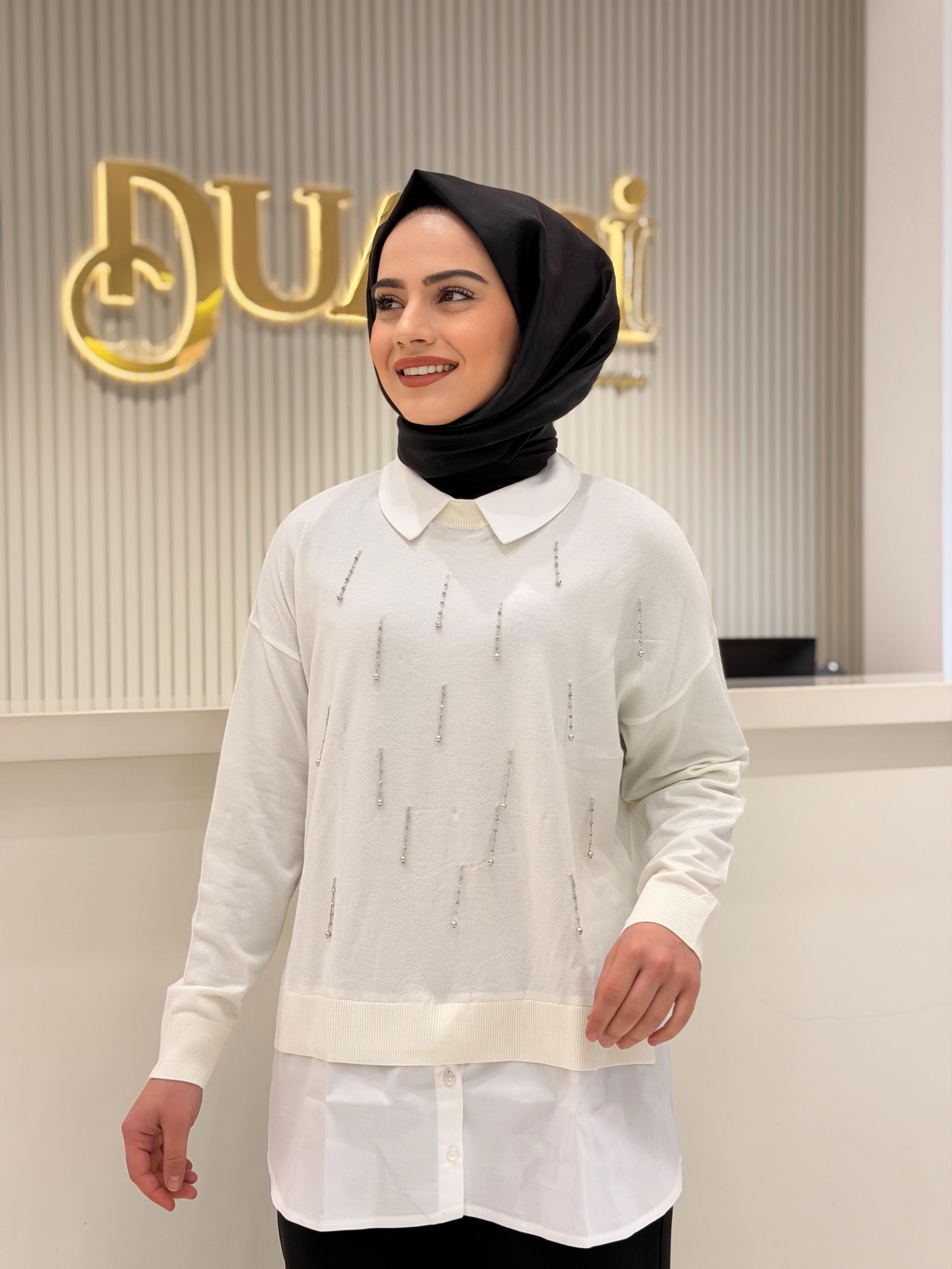 Tnk.21704.1 Boncuk İşlemeli Gömlek Detaylı Tunik