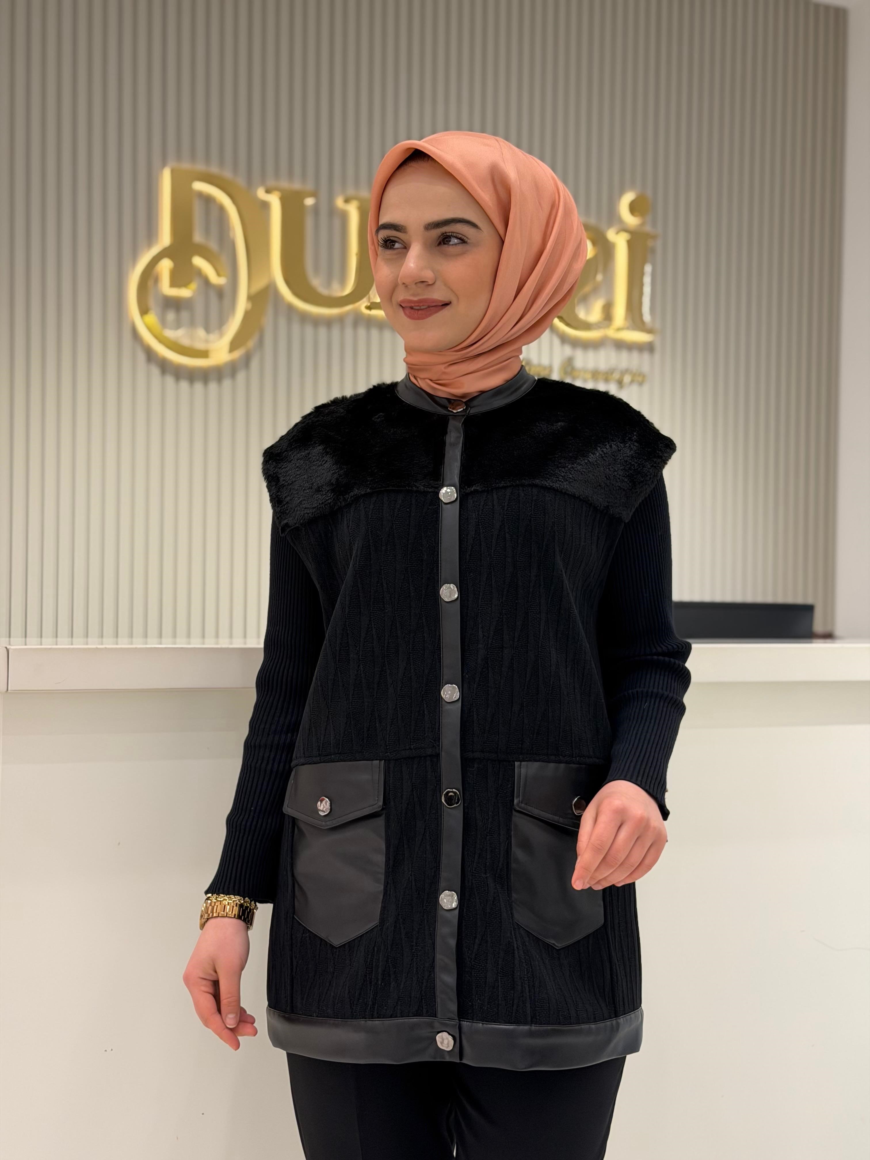 Ylk.8502.01 Kürk Kombinli Deri Patlı Ve Cep Detaylı Yelek