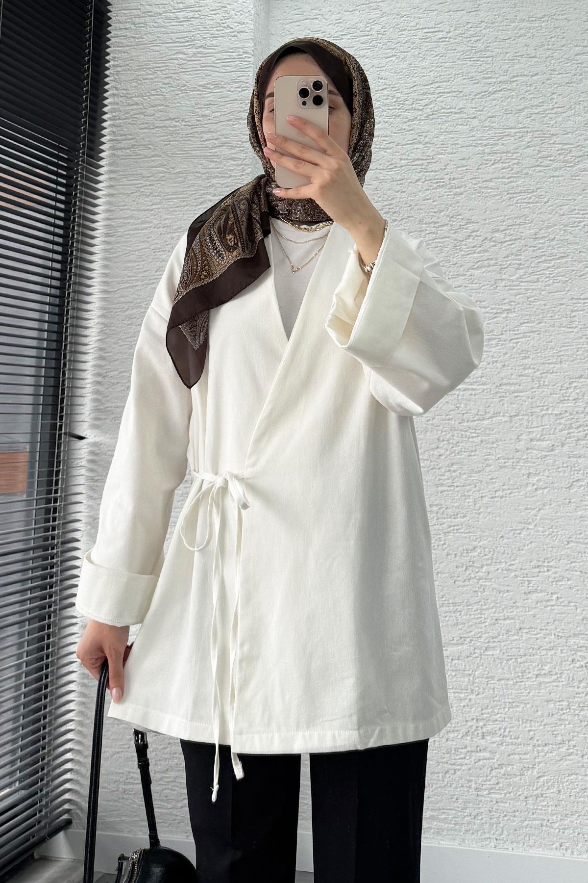 Anvelop Bağlamalı Tesettür Kimono – Beyaz