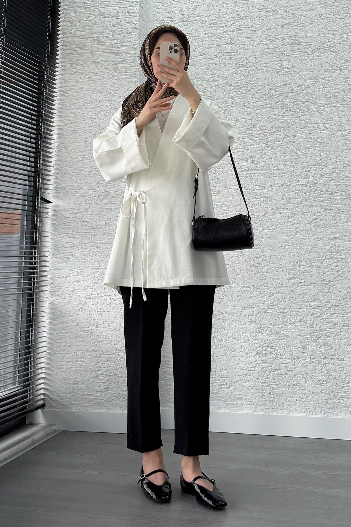 Anvelop Bağlamalı Tesettür Kimono – Beyaz