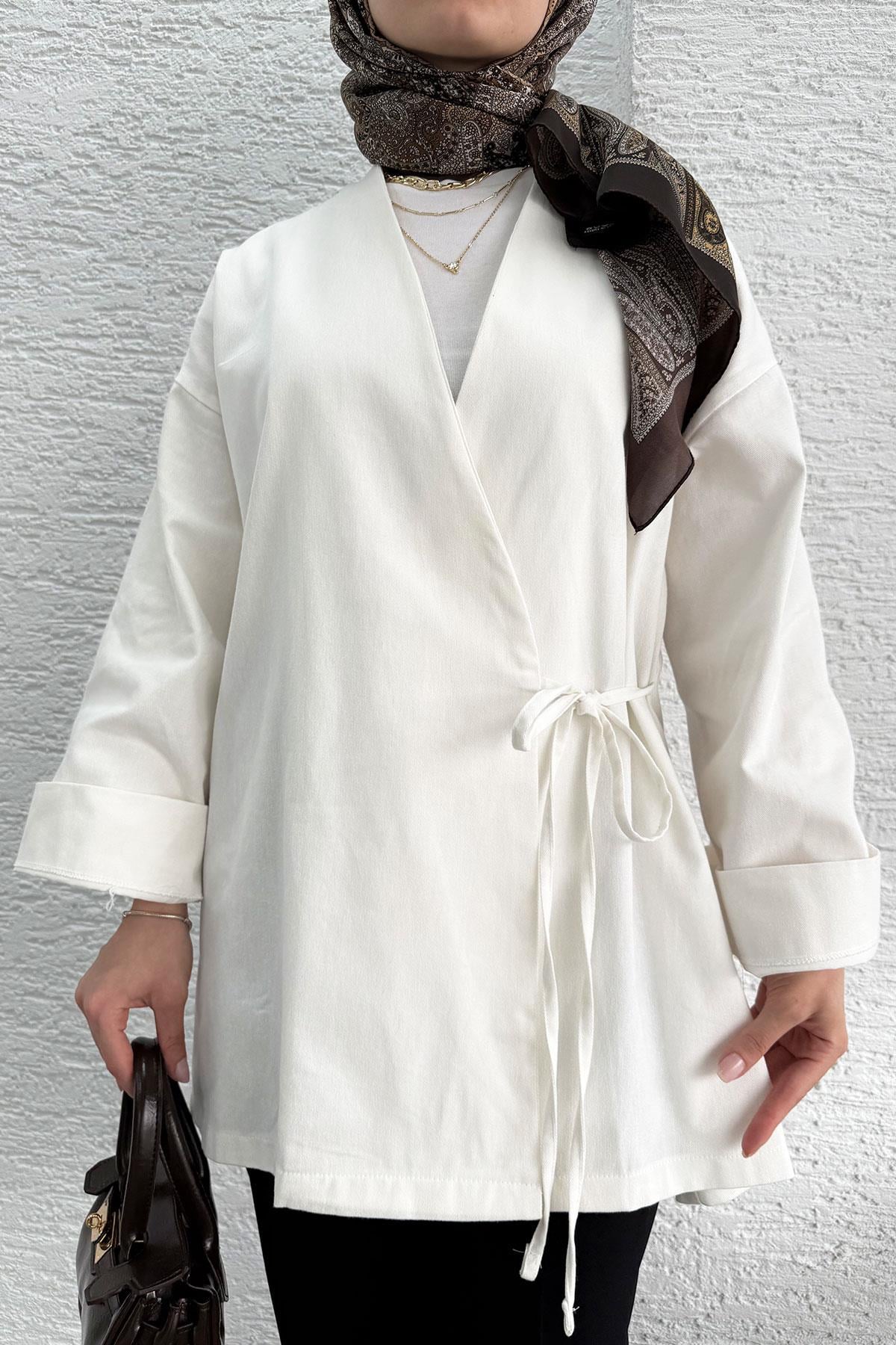 Anvelop Bağlamalı Tesettür Kimono – Beyaz