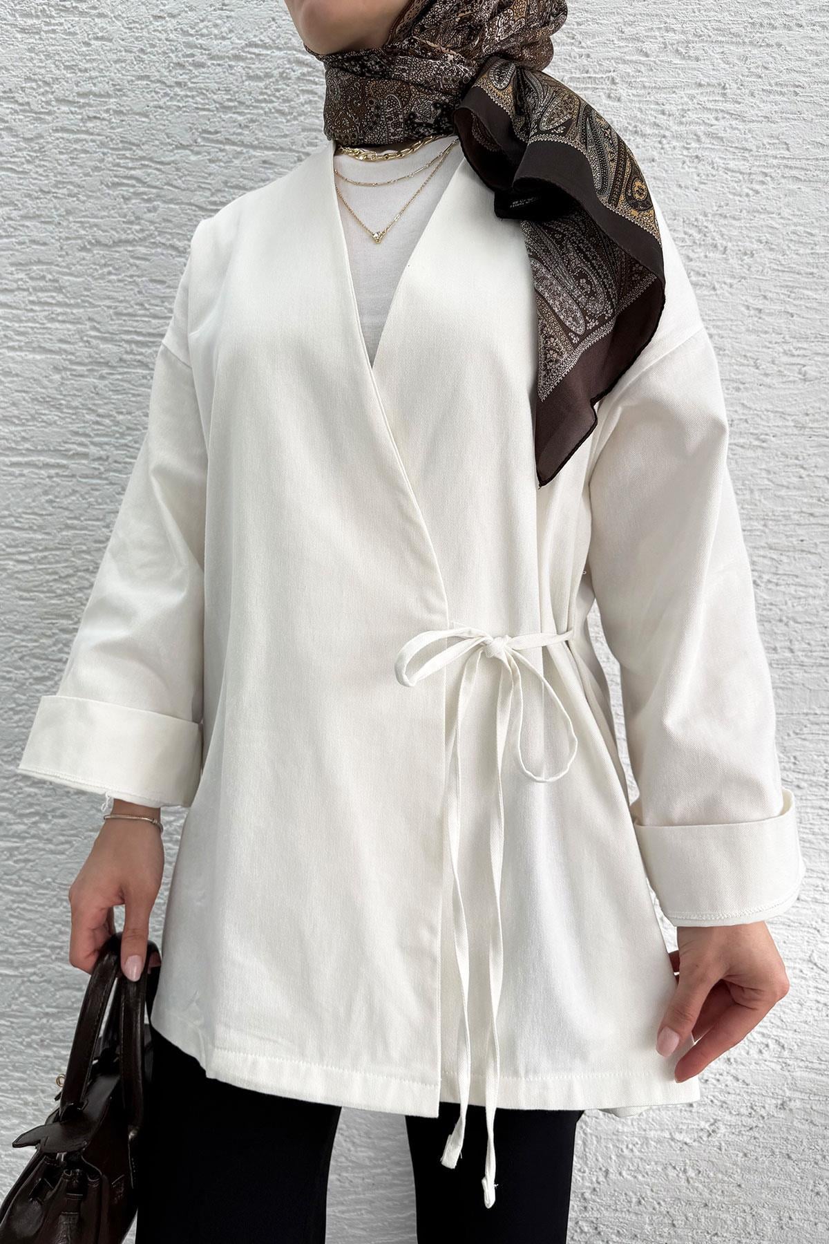 Anvelop Bağlamalı Tesettür Kimono – Beyaz