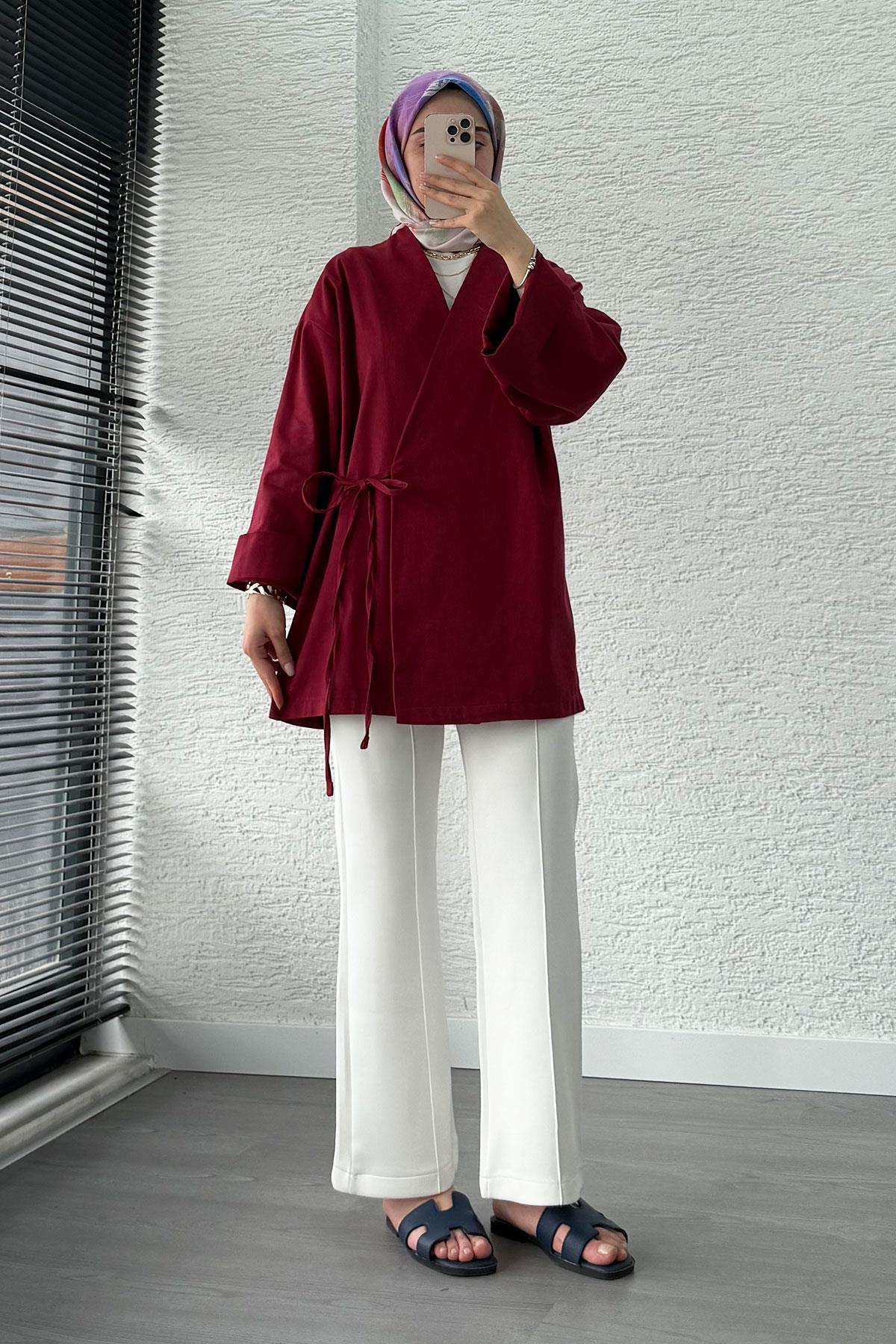 Anvelop Bağlamalı Tesettür Kimono – Bordo