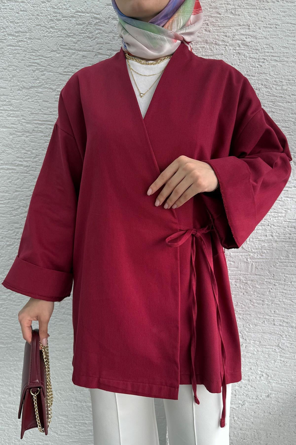 Anvelop Bağlamalı Tesettür Kimono – Bordo