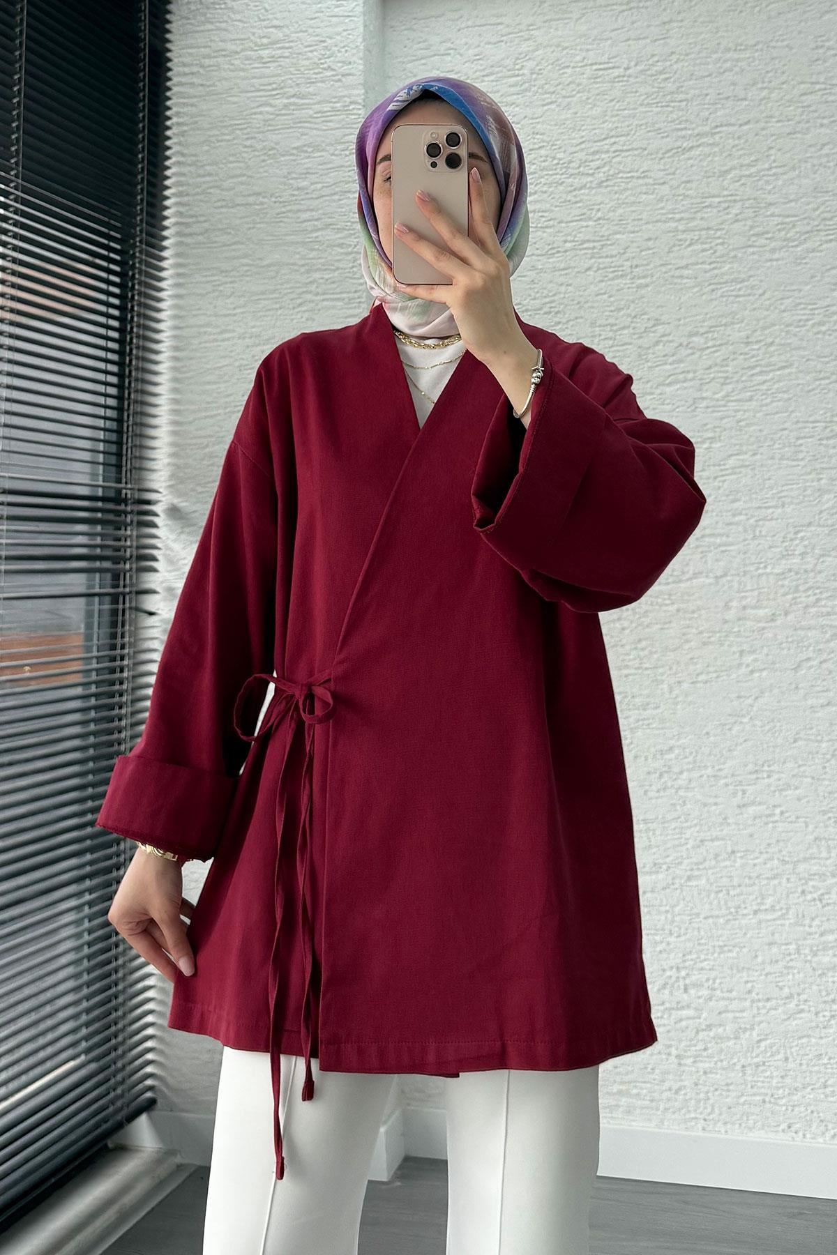 Anvelop Bağlamalı Tesettür Kimono – Bordo