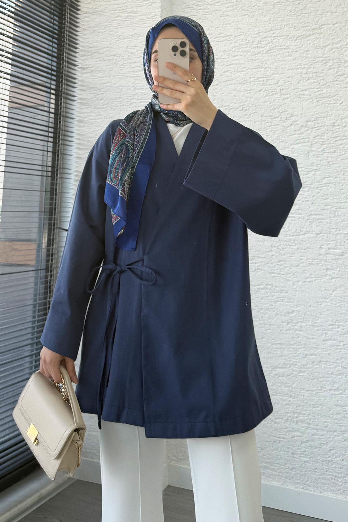 Anvelop Bağlamalı Tesettür Kimono – İndigo