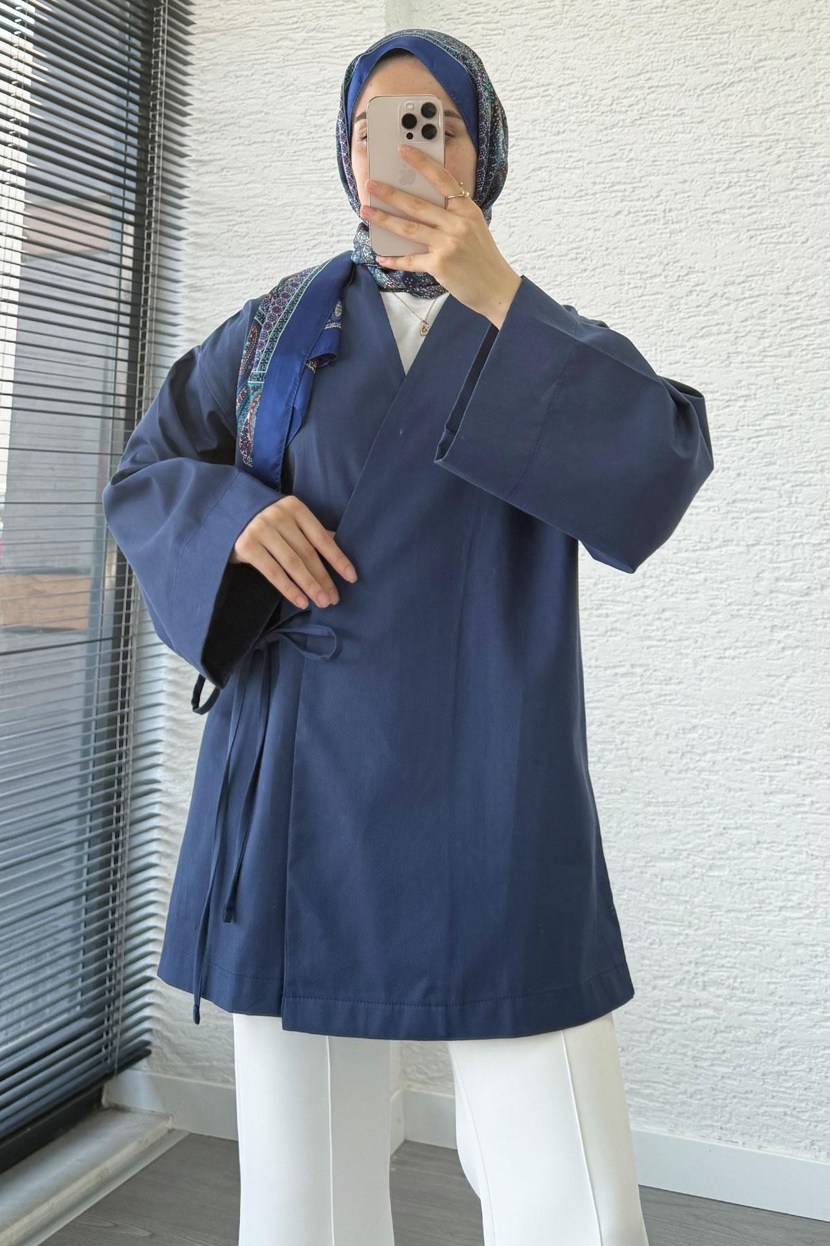 Anvelop Bağlamalı Tesettür Kimono – İndigo