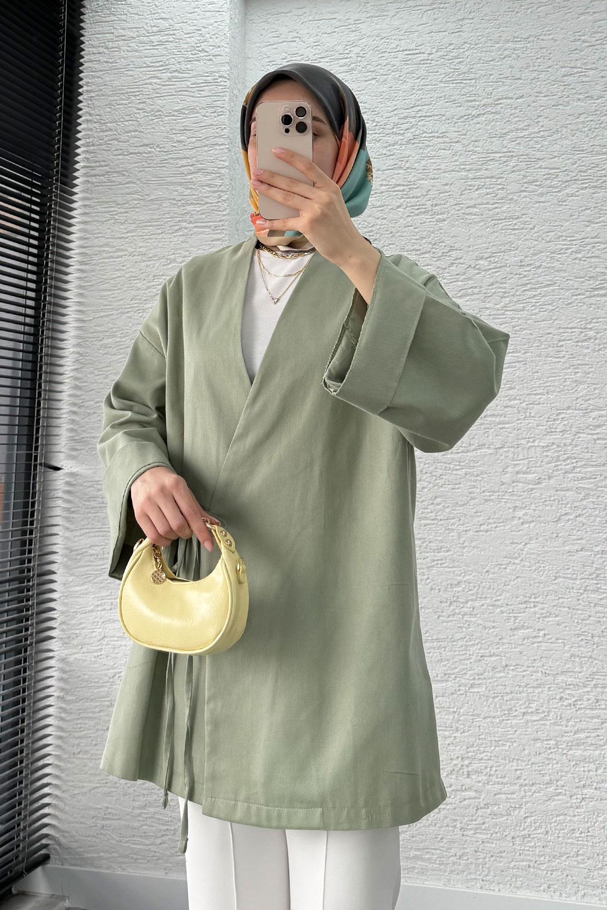 Anvelop Bağlamalı Tesettür Kimono – Küf Yeşili