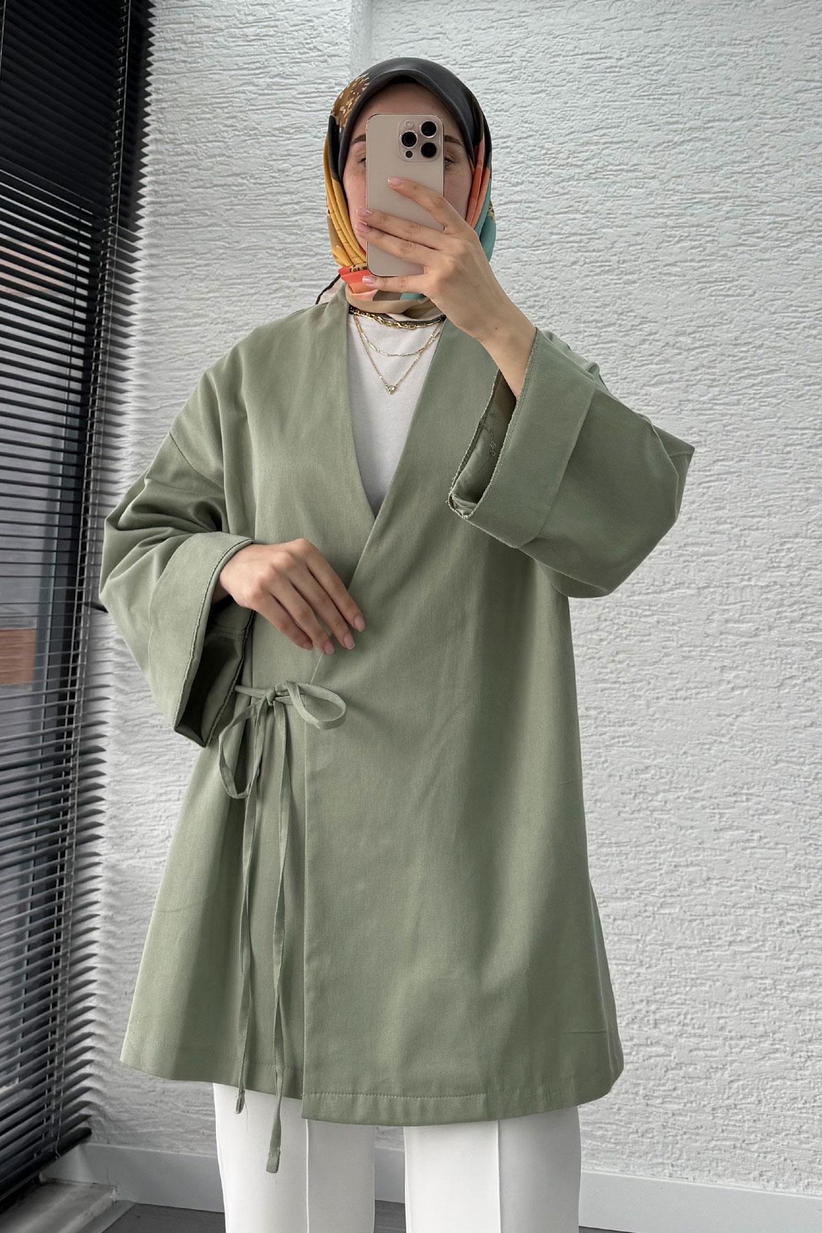 Anvelop Bağlamalı Tesettür Kimono – Küf Yeşili