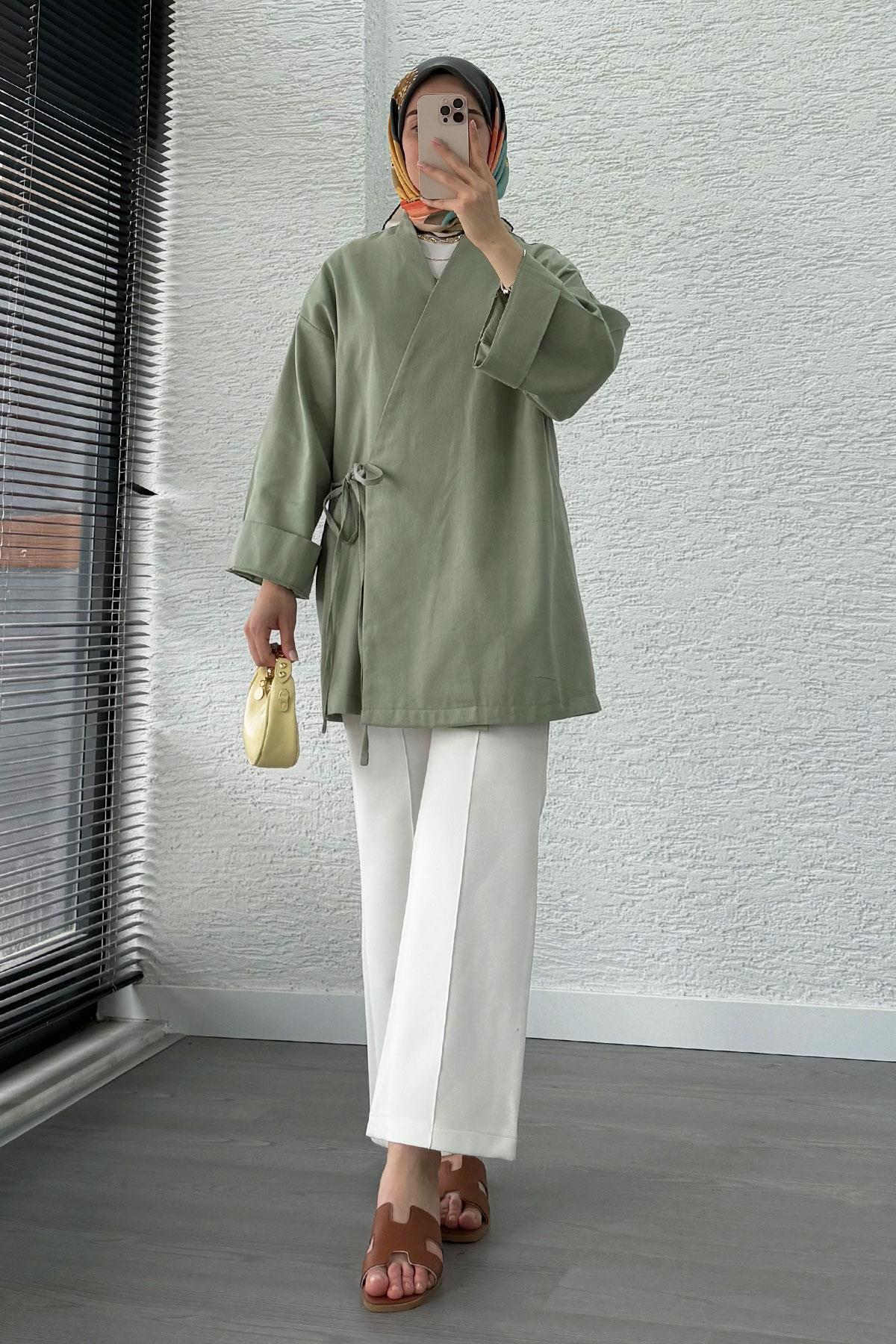 Anvelop Bağlamalı Tesettür Kimono – Küf Yeşili