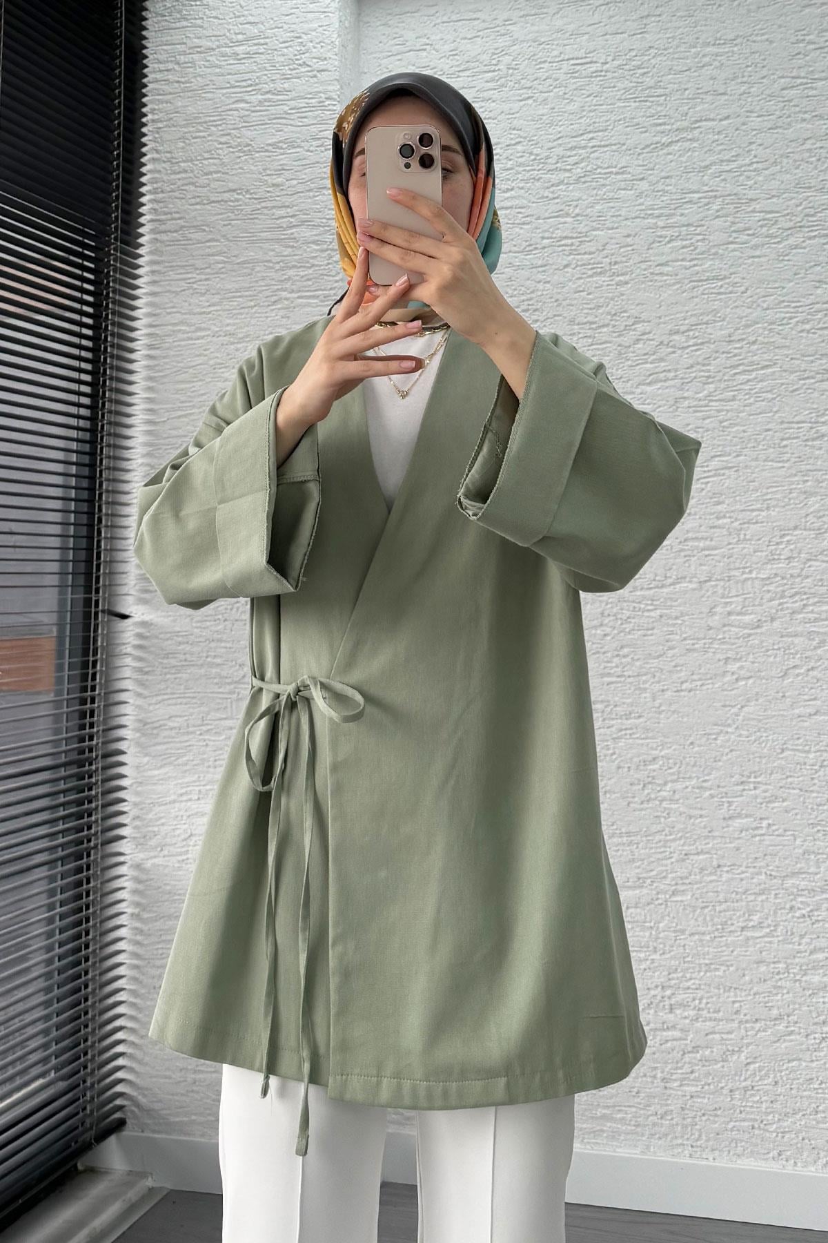 Anvelop Bağlamalı Tesettür Kimono – Küf Yeşili