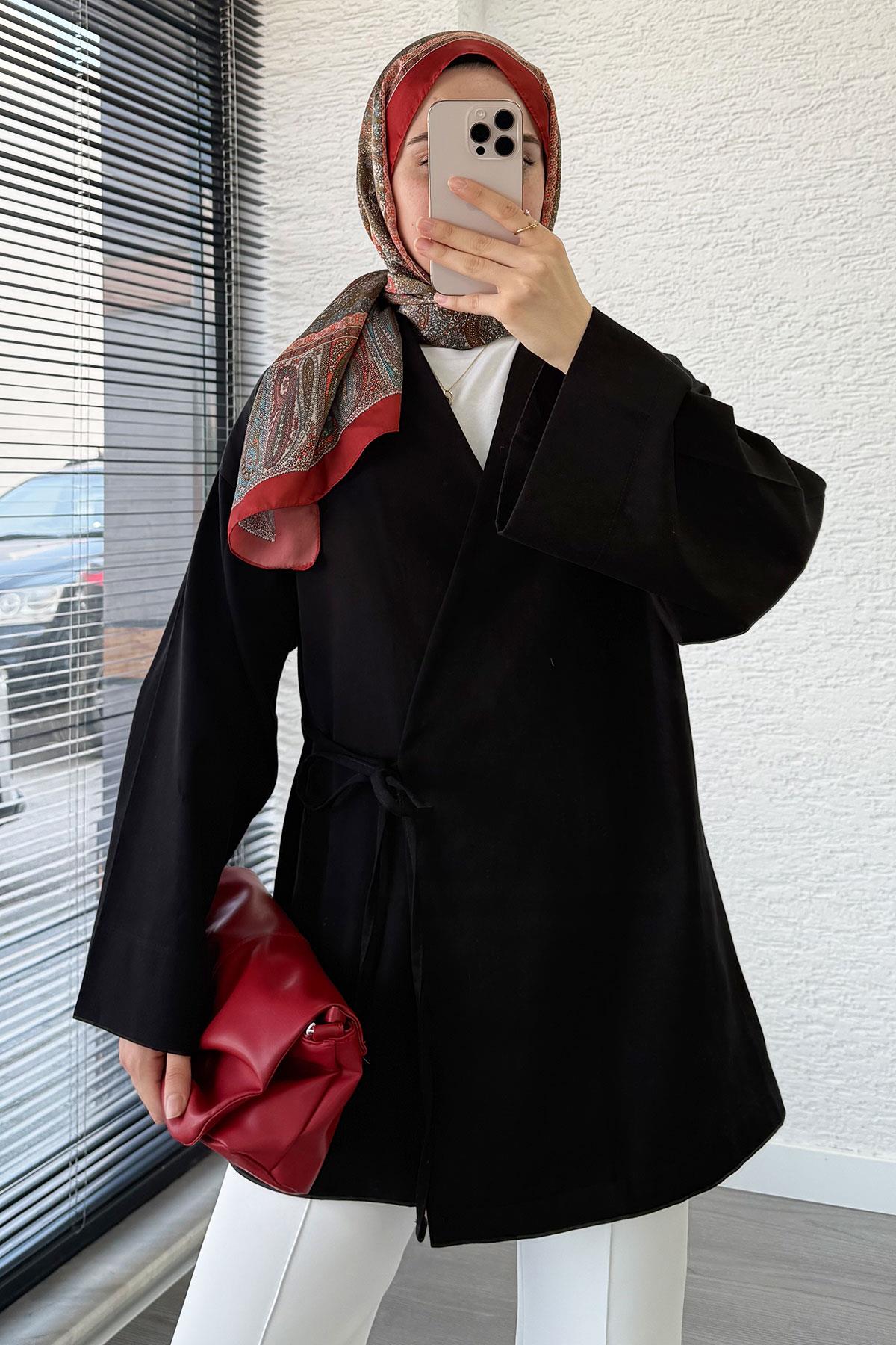 Anvelop Bağlamalı Tesettür Kimono – Siyah