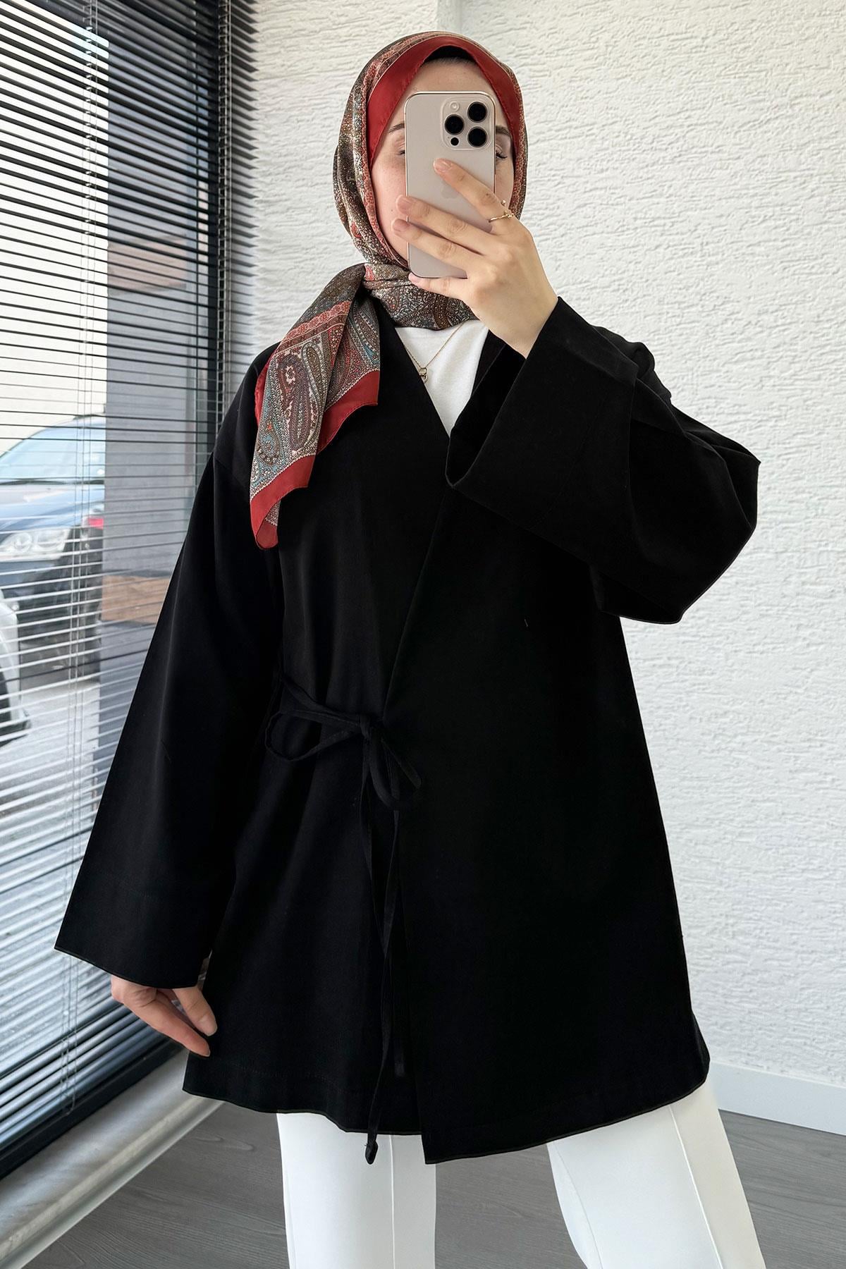 Anvelop Bağlamalı Tesettür Kimono – Siyah
