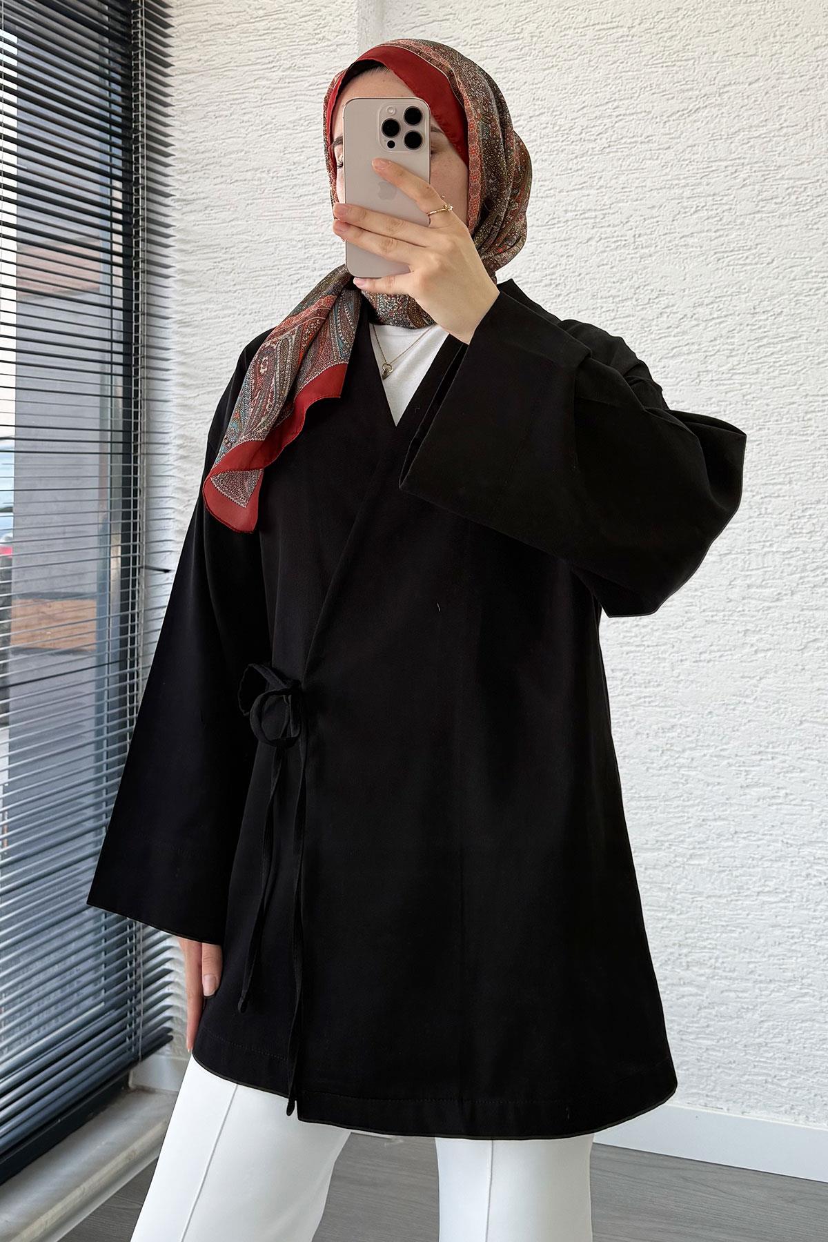 Anvelop Bağlamalı Tesettür Kimono – Siyah