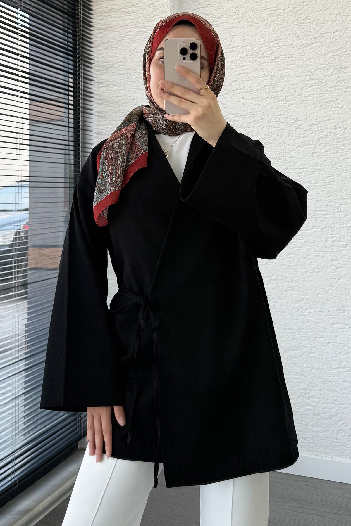 Anvelop Bağlamalı Tesettür Kimono – Siyah