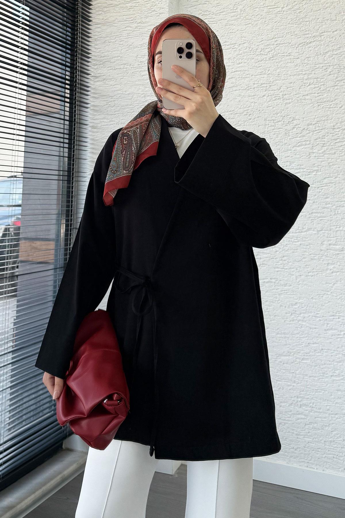 Anvelop Bağlamalı Tesettür Kimono – Siyah