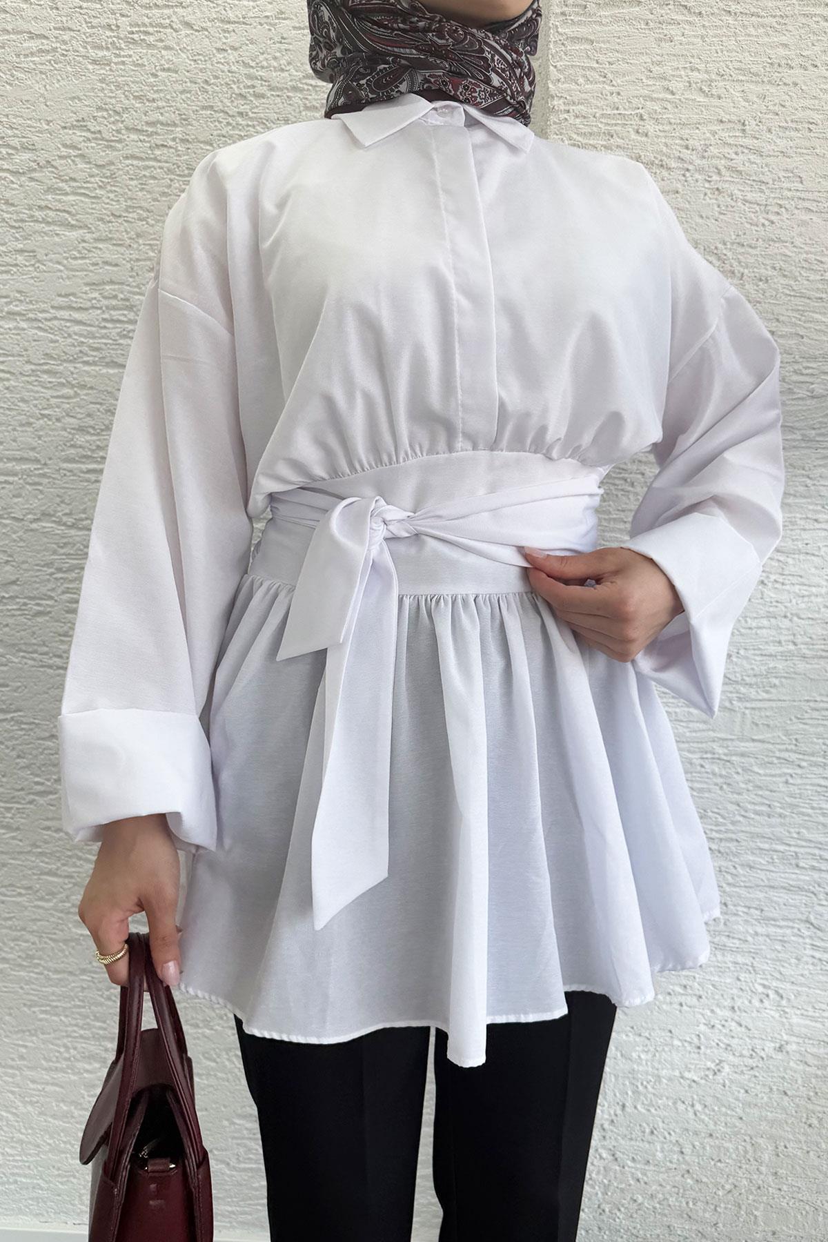 Bel Kuşaklı Poplin Tunik-Beyaz