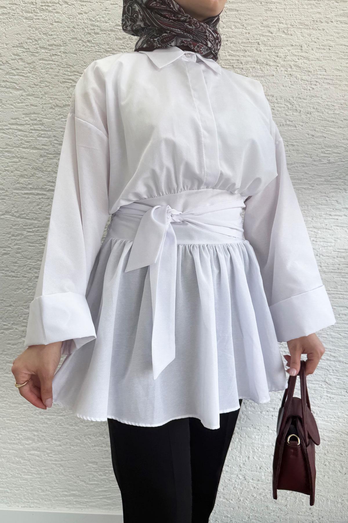 Bel Kuşaklı Poplin Tunik-Beyaz