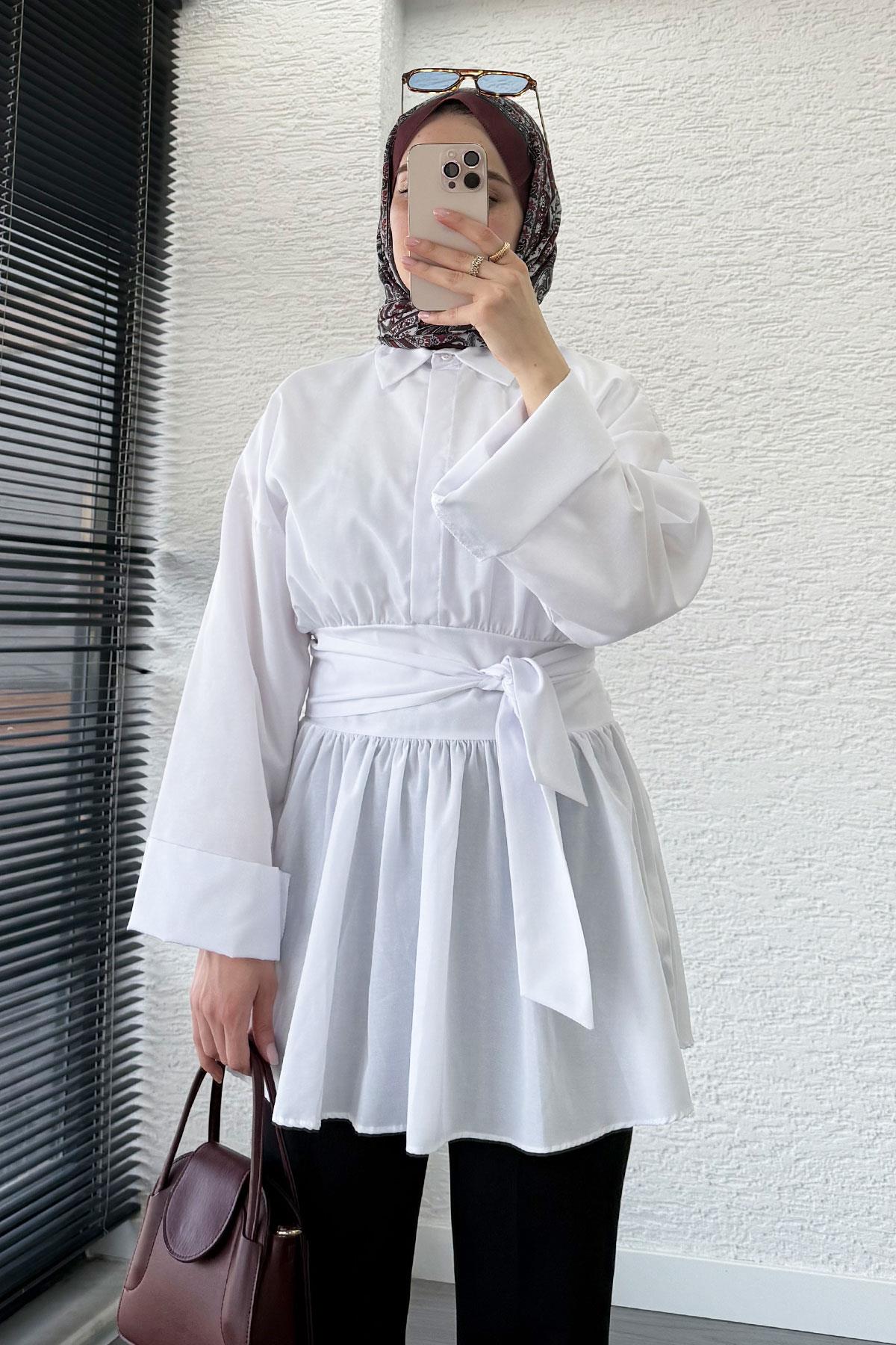 Bel Kuşaklı Poplin Tunik-Beyaz