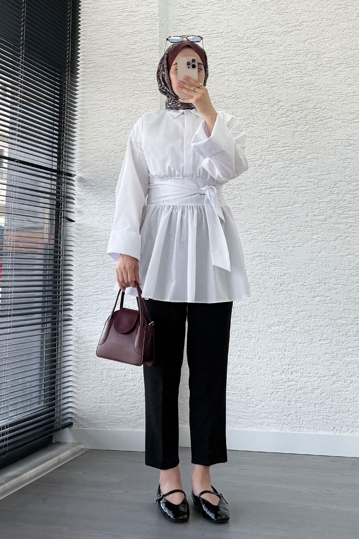 Bel Kuşaklı Poplin Tunik-Beyaz