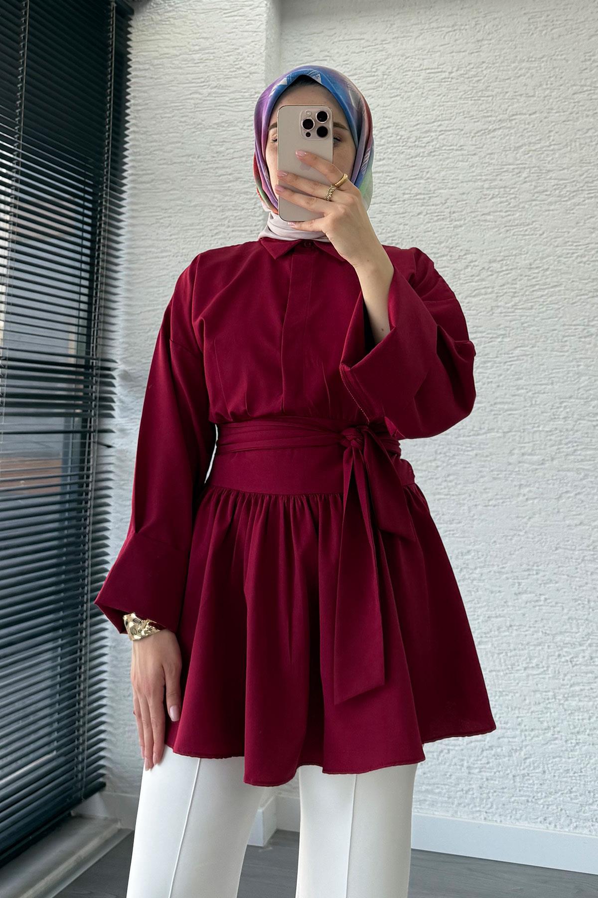 Bel Kuşaklı Poplin Tunik-Bordo