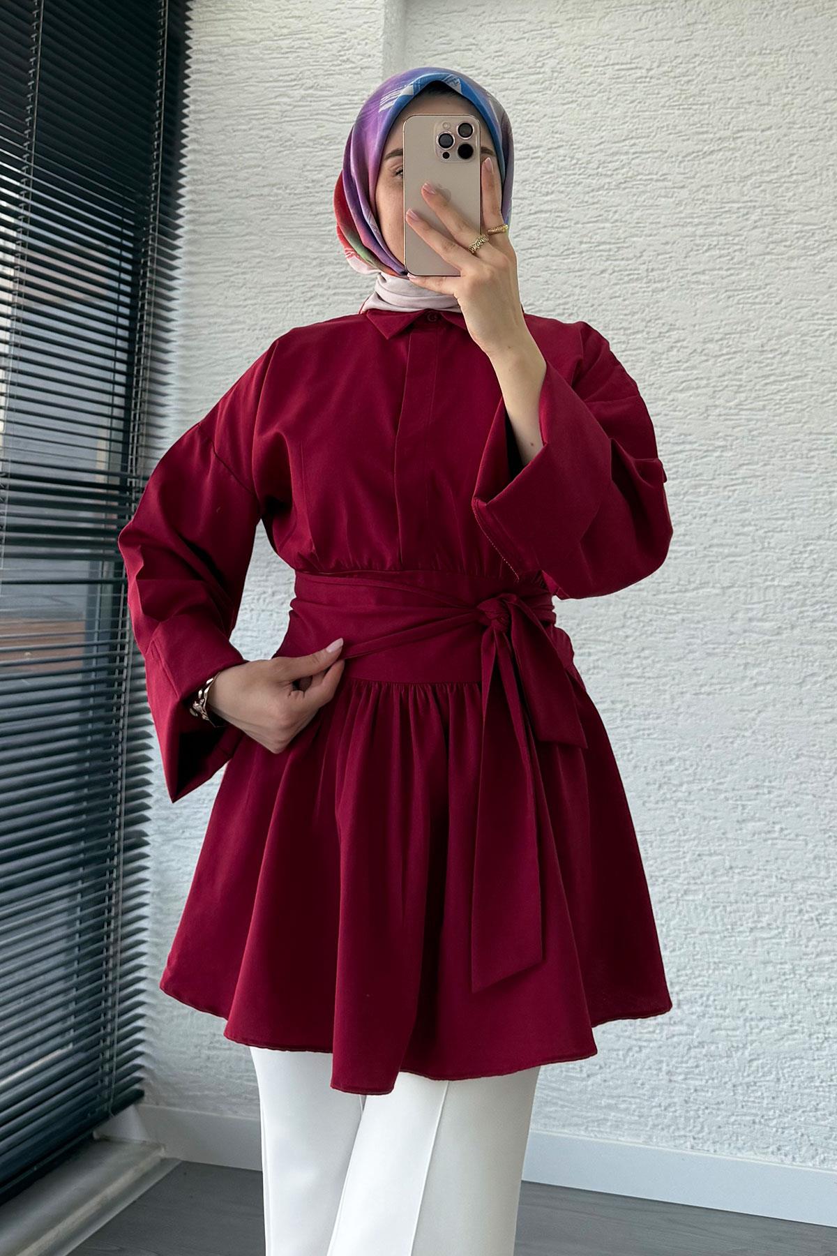 Bel Kuşaklı Poplin Tunik-Bordo