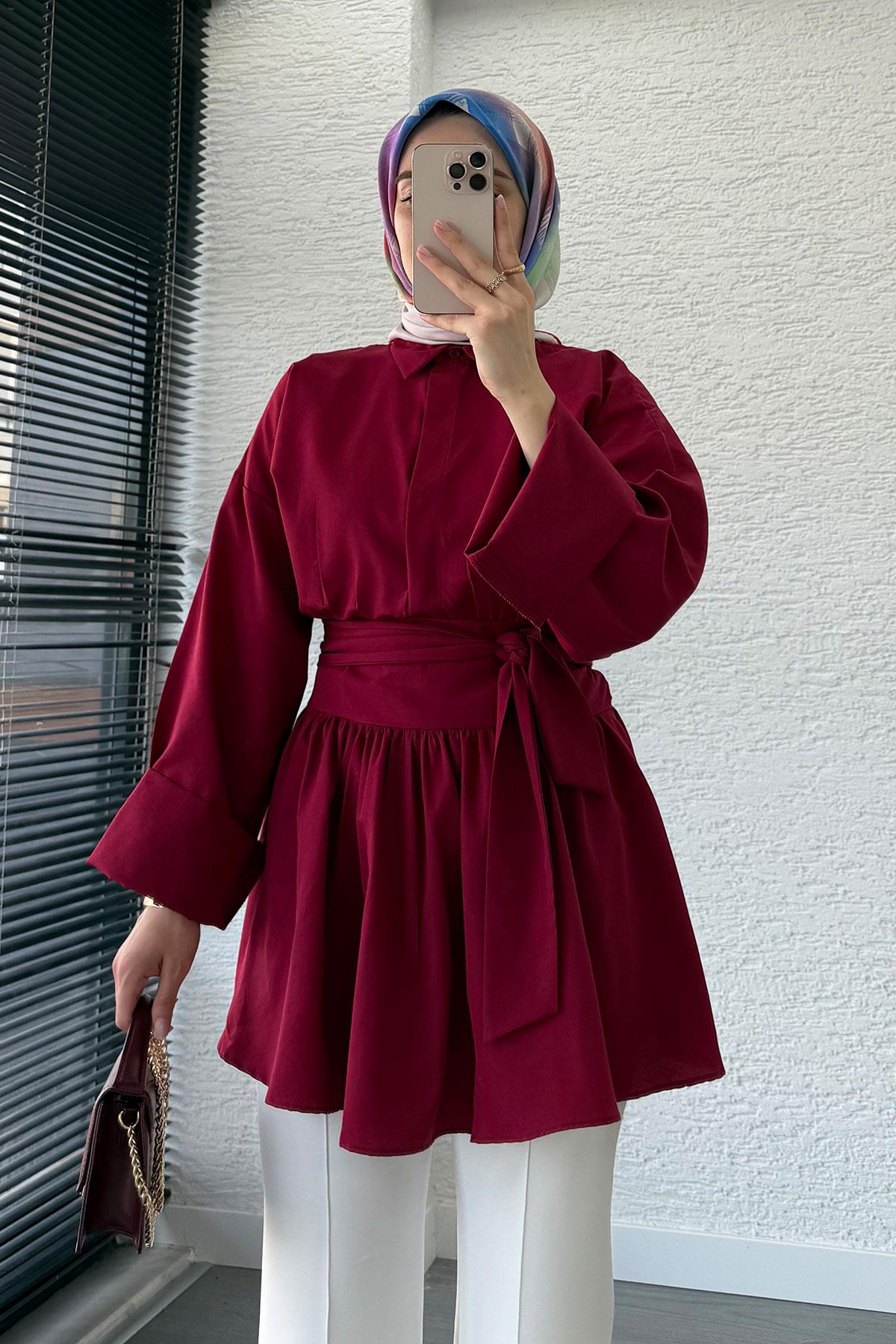 Bel Kuşaklı Poplin Tunik-Bordo