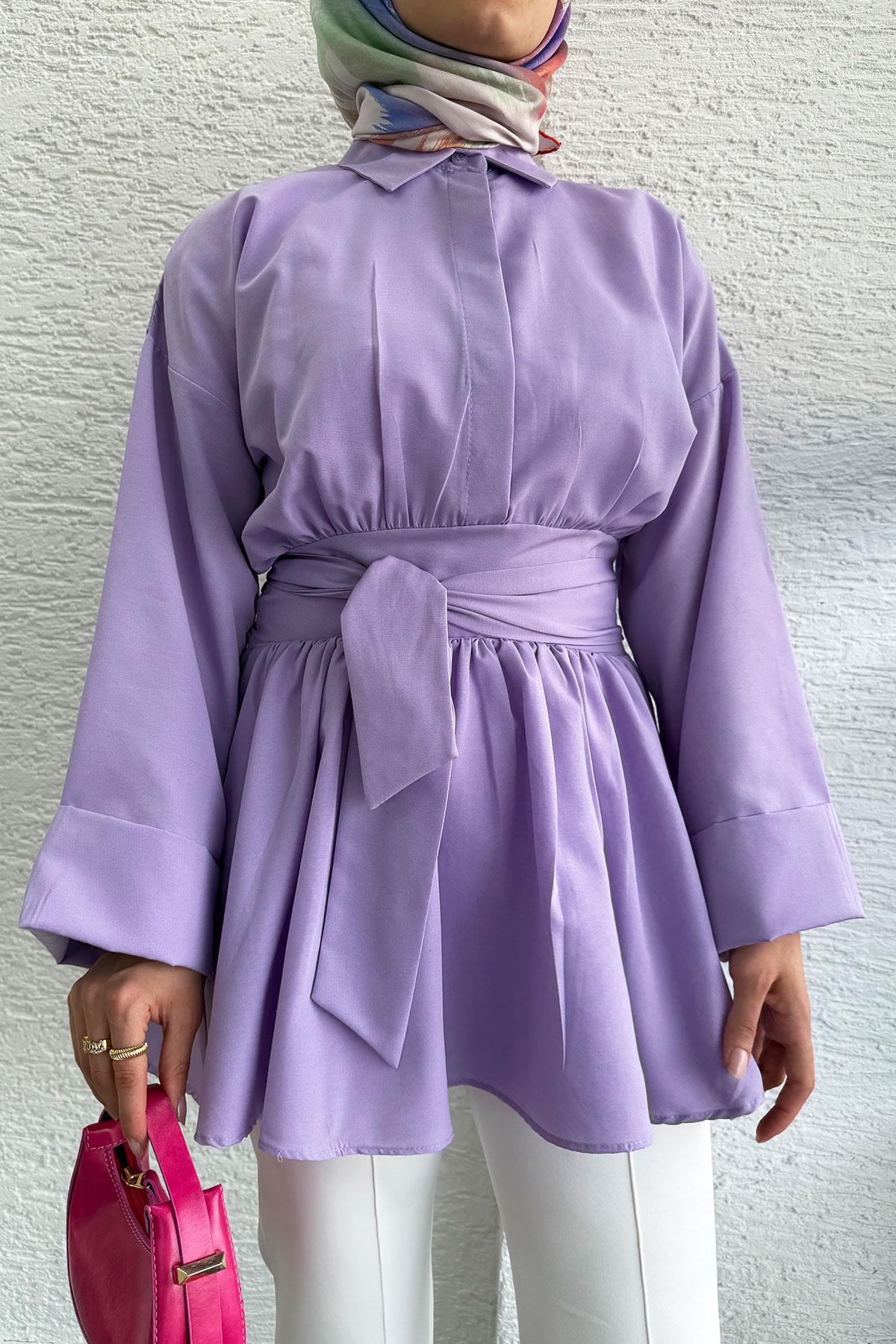 Bel Kuşaklı Poplin Tunik-Lila