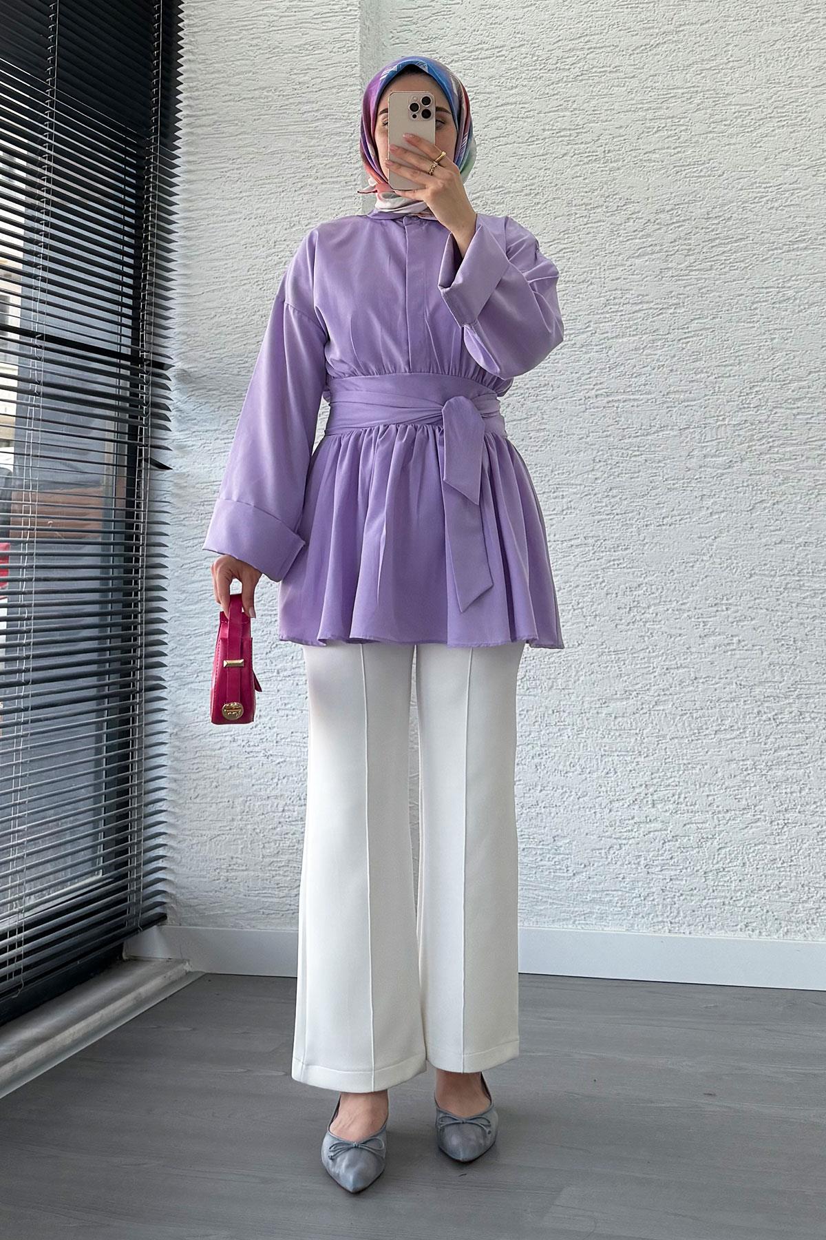 Bel Kuşaklı Poplin Tunik-Lila