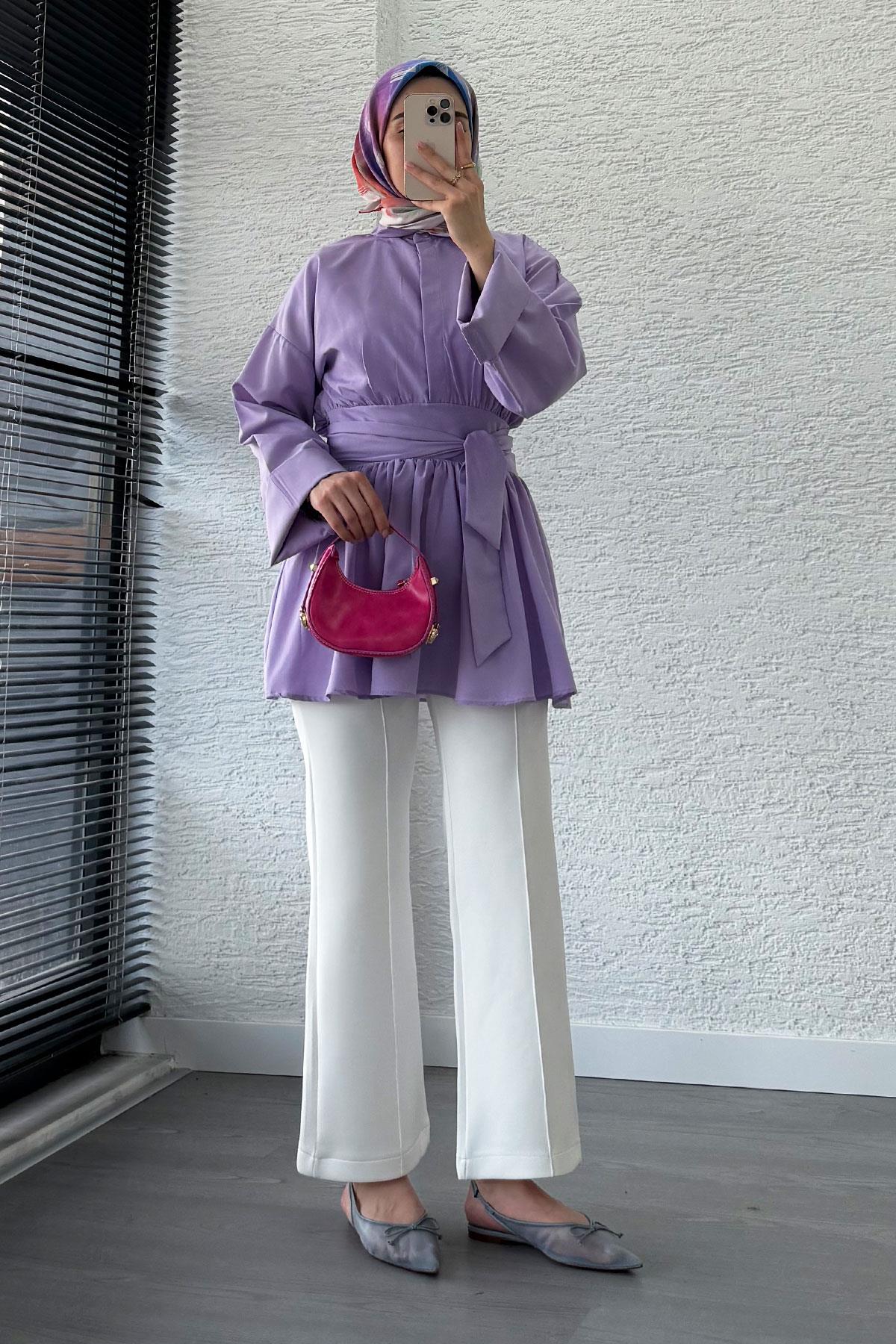 Bel Kuşaklı Poplin Tunik-Lila