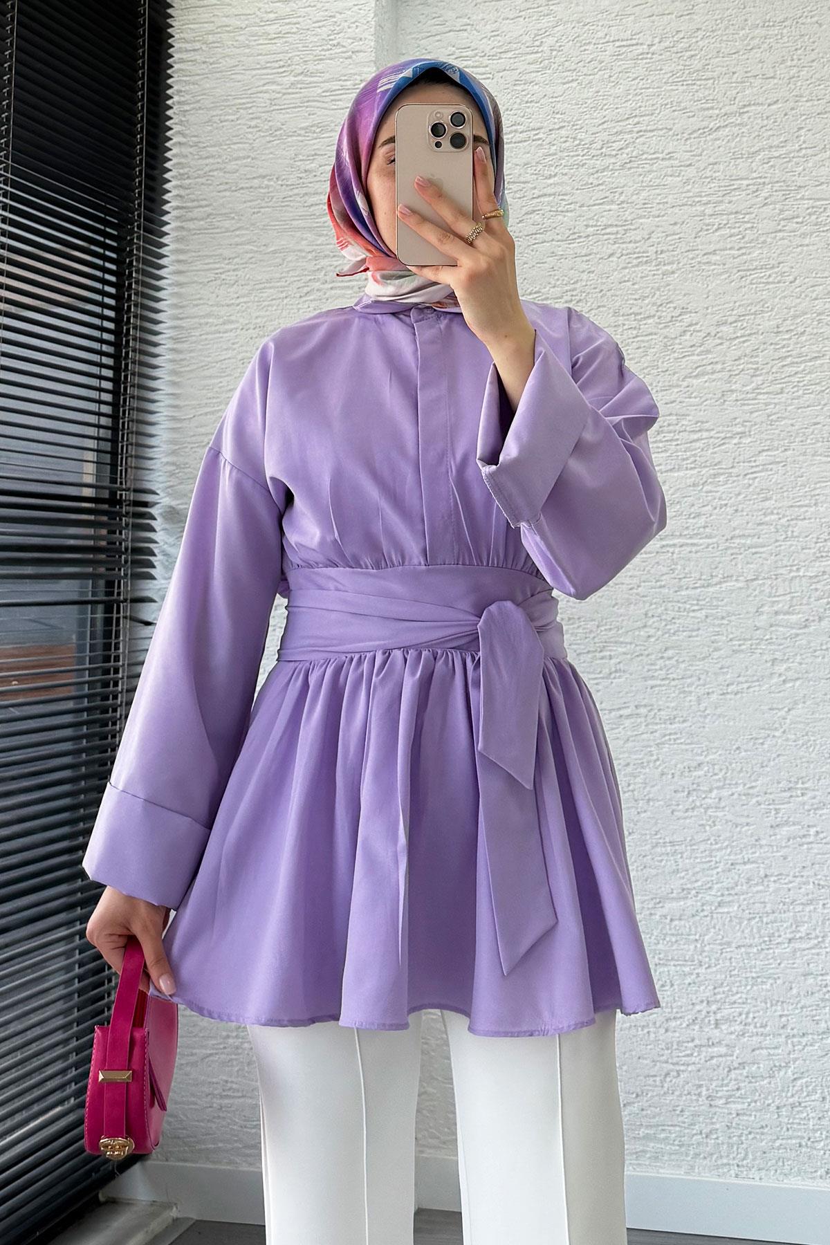 Bel Kuşaklı Poplin Tunik-Lila