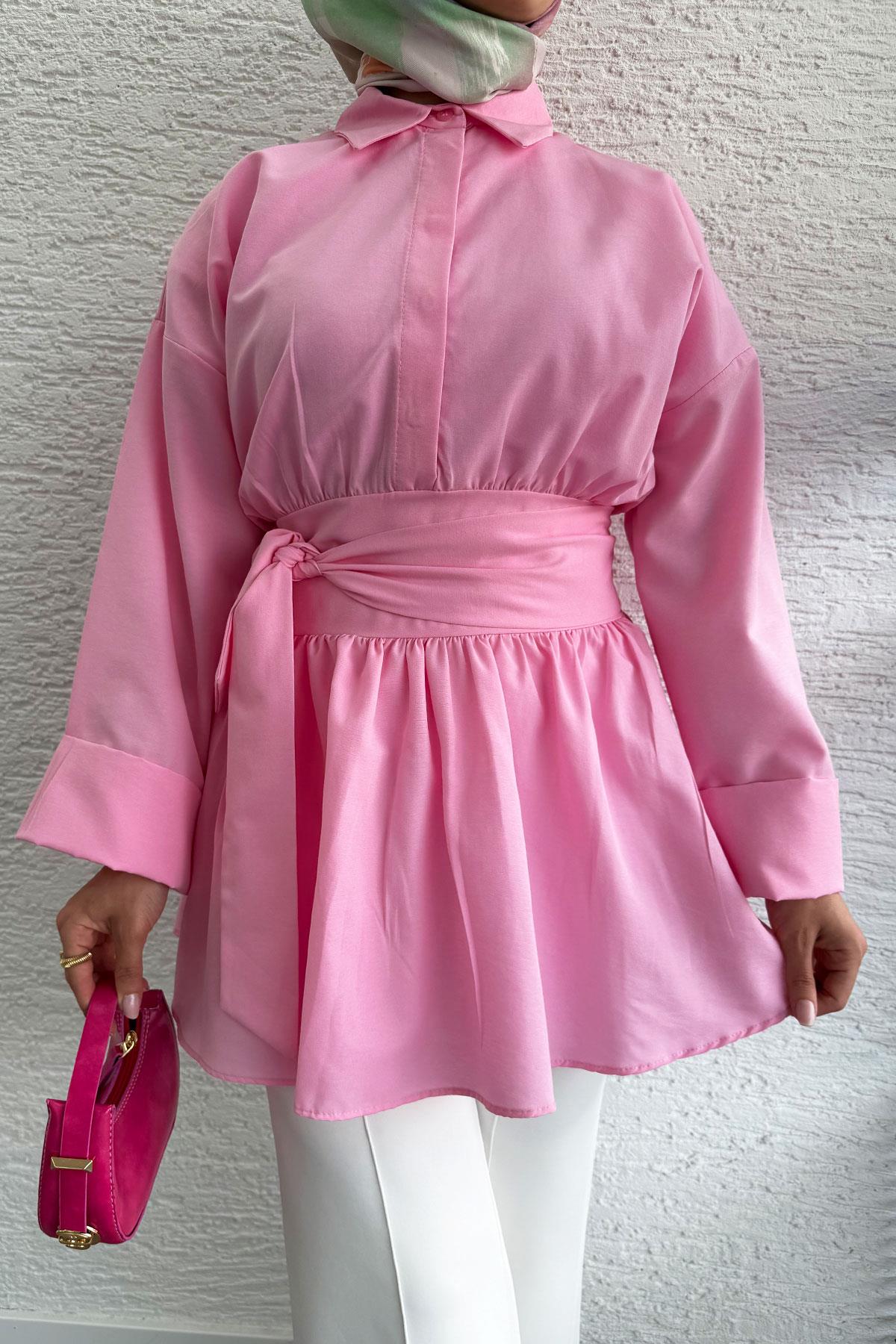 Bel Kuşaklı Poplin Tunik-Pembe