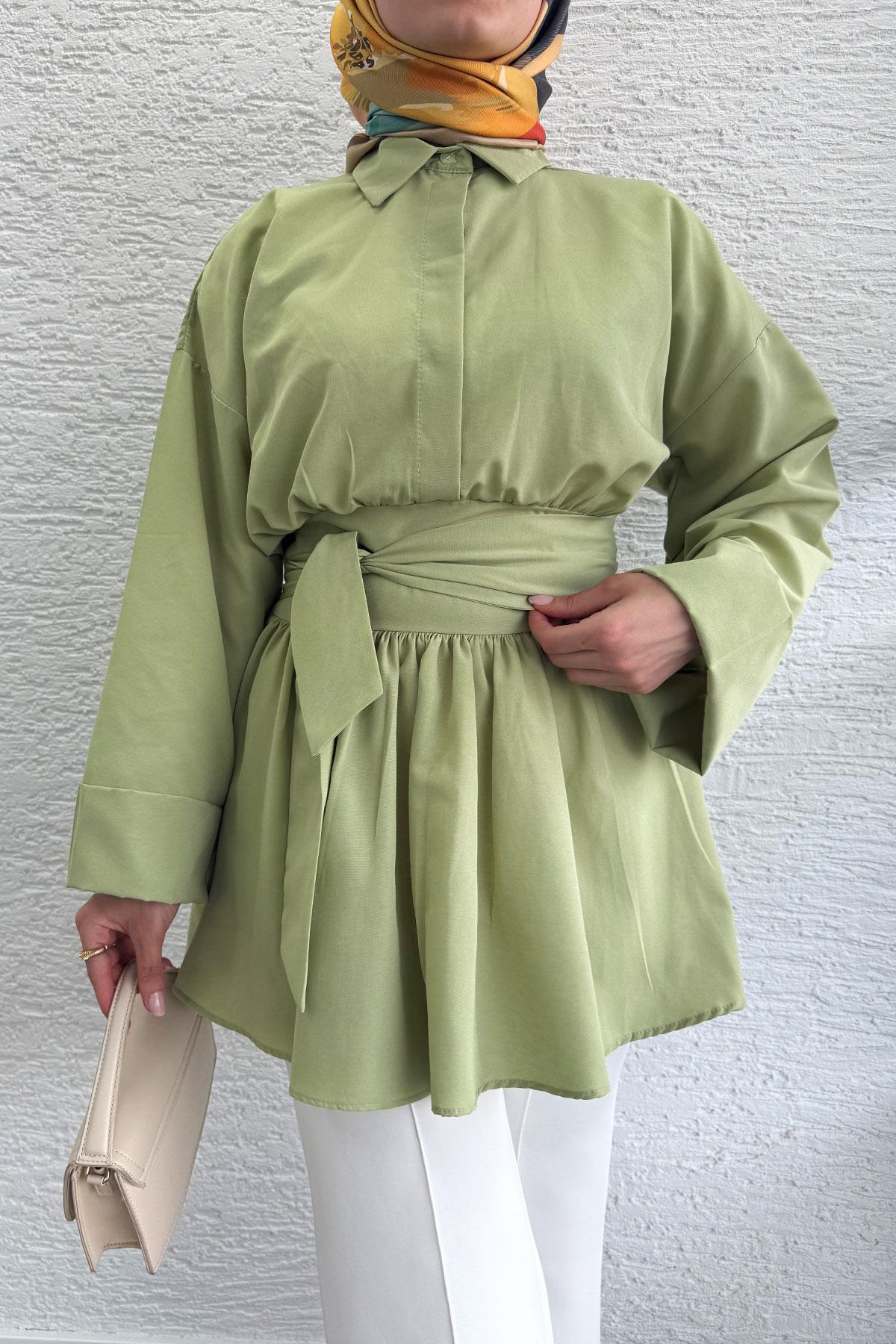 Bel Kuşaklı Poplin Tunik-Yeşil