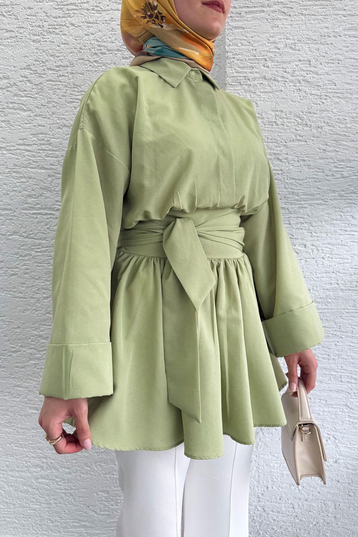 Bel Kuşaklı Poplin Tunik-Yeşil